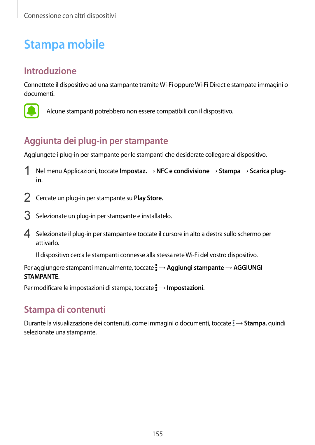 Samsung SM-N915FZKYITV, SM-N915FZWYXEO manual Stampa mobile, Aggiunta dei plug-in per stampante, Stampa di contenuti 