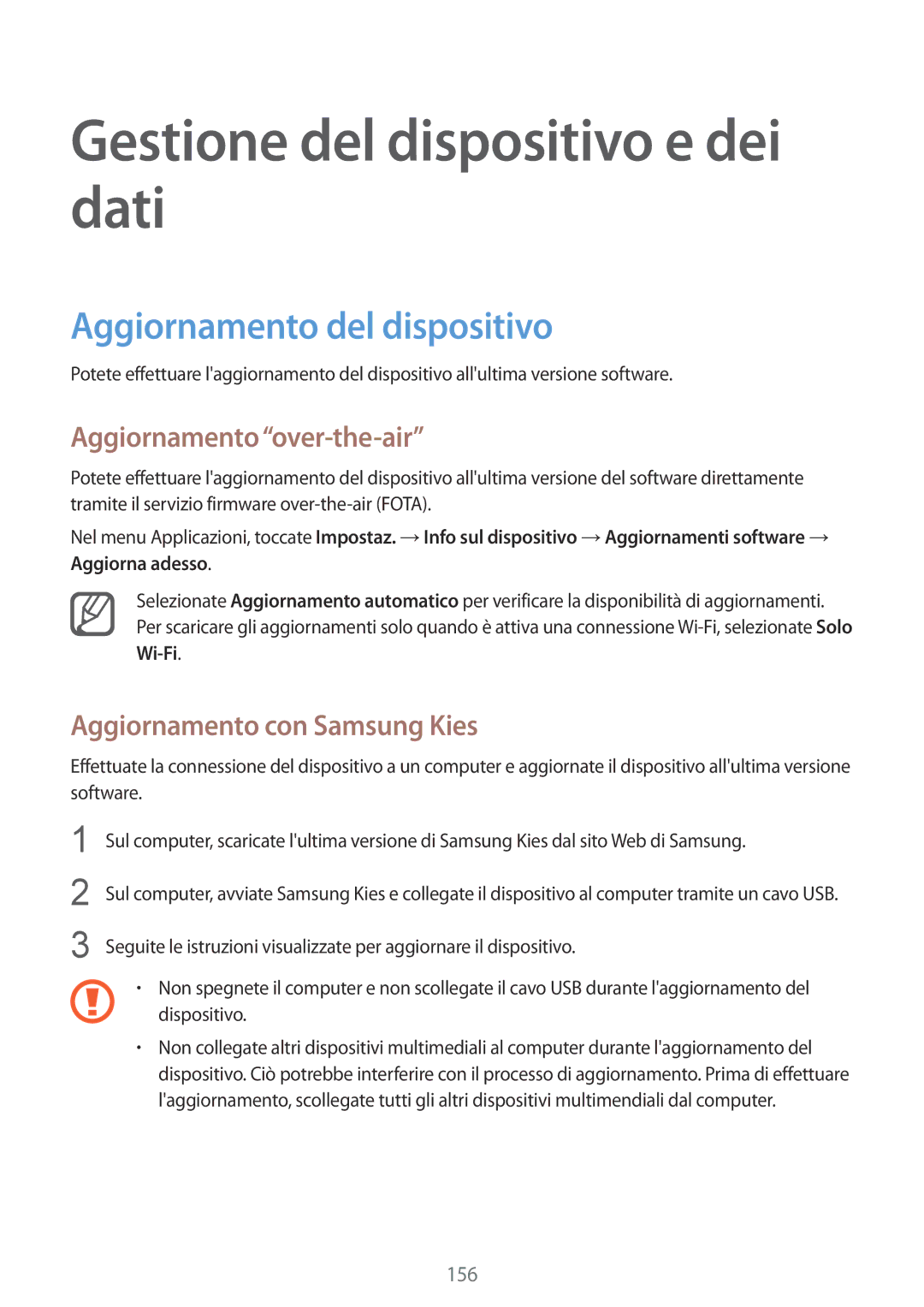 Samsung SM-N915FZWYXEO manual Gestione del dispositivo e dei dati, Aggiornamento del dispositivo, Aggiornamentoover-the-air 