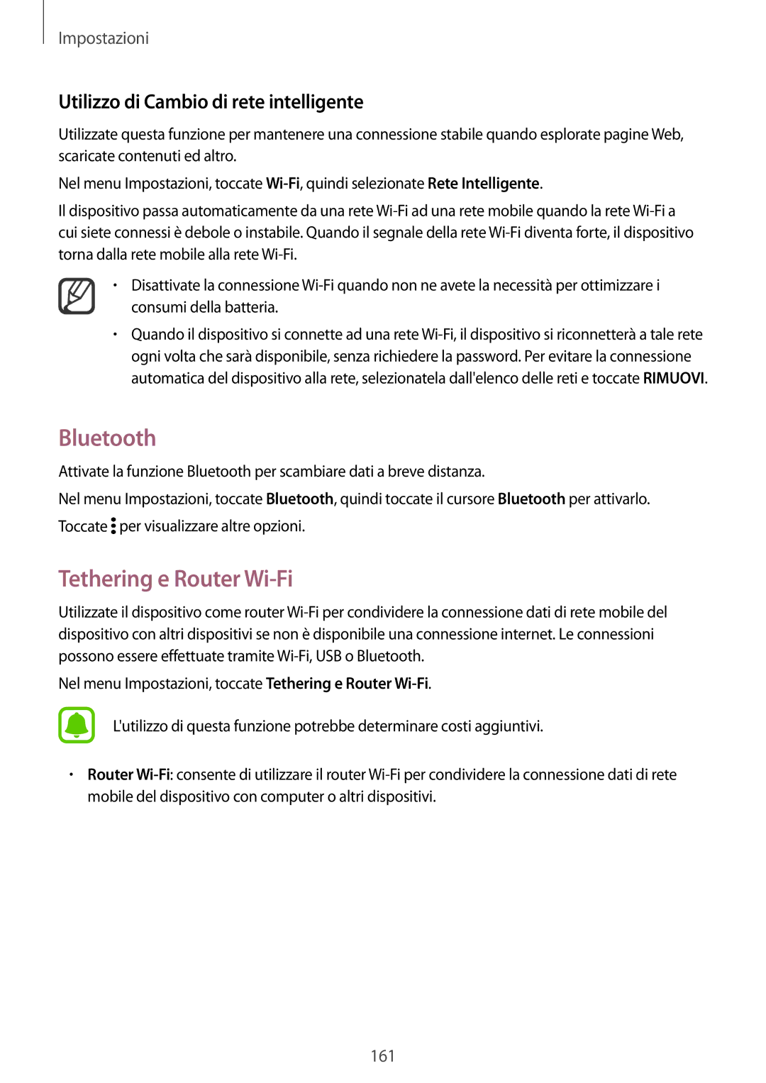 Samsung SM-N915FZKYITV, SM-N915FZWYXEO manual Bluetooth, Tethering e Router Wi-Fi, Utilizzo di Cambio di rete intelligente 