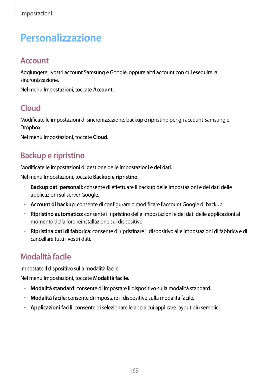 Samsung SM-N915FZKYDBT, SM-N915FZWYXEO manual Personalizzazione, Account, Cloud, Backup e ripristino, Modalità facile 