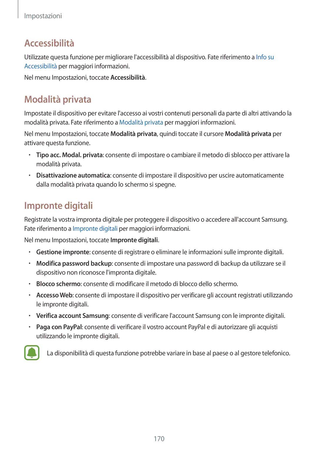 Samsung SM-N915FZWYITV, SM-N915FZWYXEO, SM-N915FZKYDBT, SM-N915FZKYXEO Accessibilità, Modalità privata, Impronte digitali 