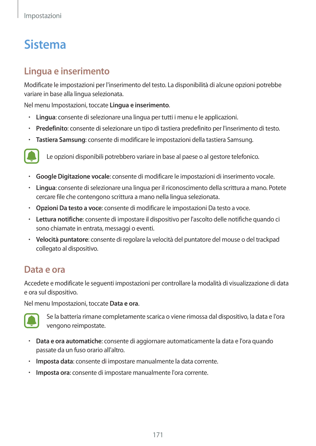 Samsung SM-N915FZKYXEO, SM-N915FZWYXEO, SM-N915FZKYDBT, SM-N915FZWYITV manual Sistema, Lingua e inserimento, Data e ora 