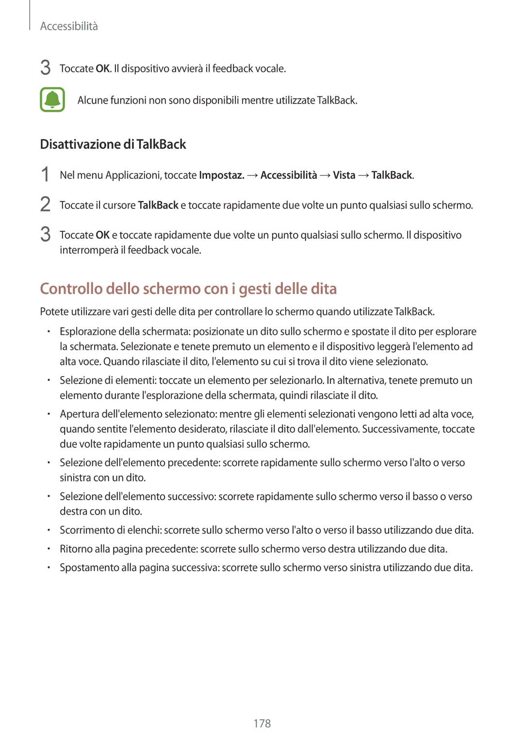 Samsung SM-N915FZKYAUT, SM-N915FZWYXEO manual Controllo dello schermo con i gesti delle dita, Disattivazione di TalkBack 