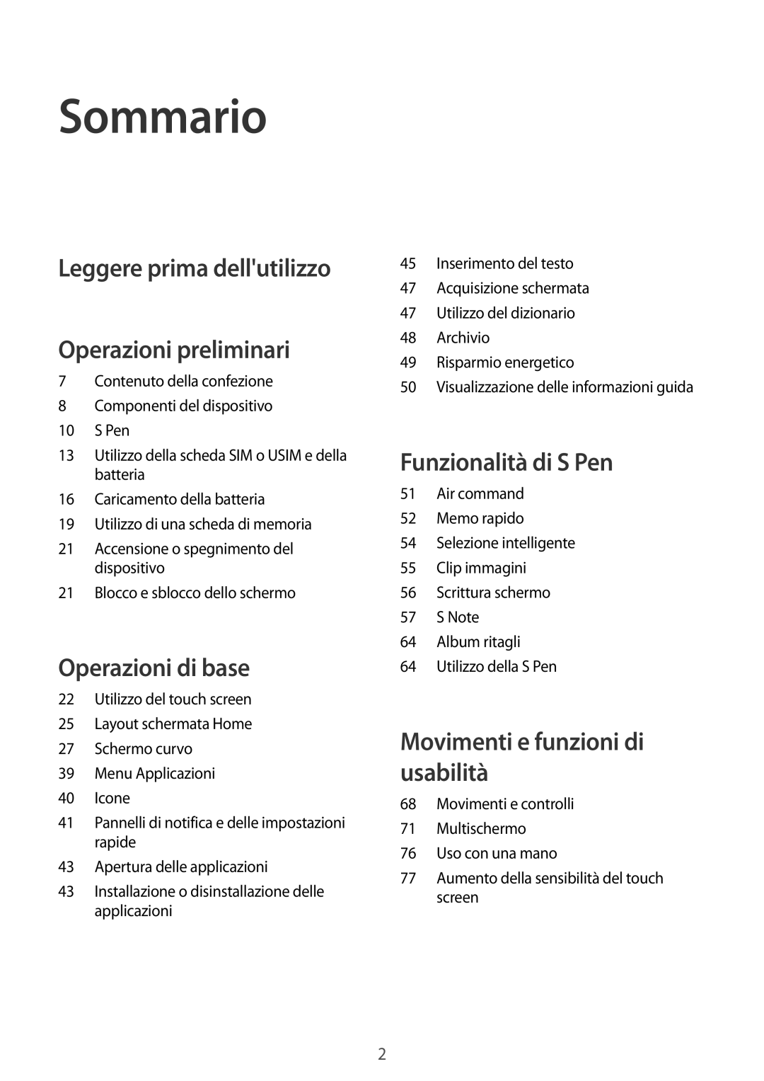 Samsung SM-N915FZWYITV, SM-N915FZWYXEO, SM-N915FZKYDBT manual Sommario, Leggere prima dellutilizzo Operazioni preliminari 