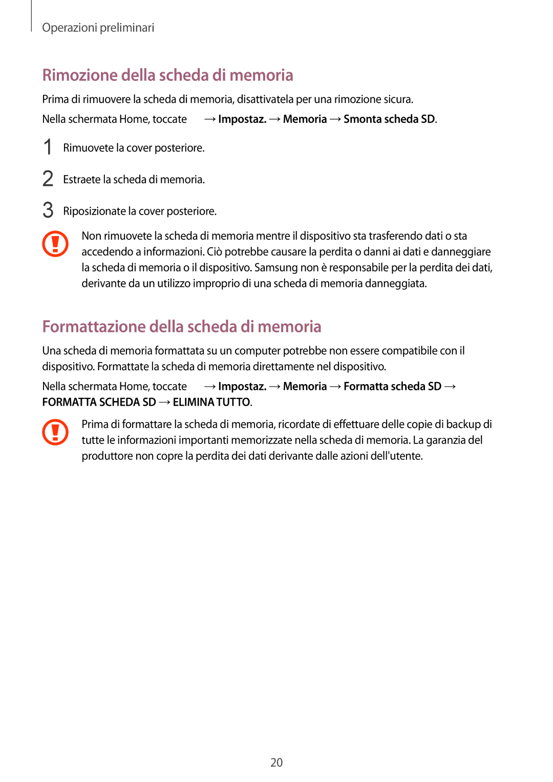 Samsung SM-N915FZWYITV, SM-N915FZWYXEO manual Rimozione della scheda di memoria, Formattazione della scheda di memoria 