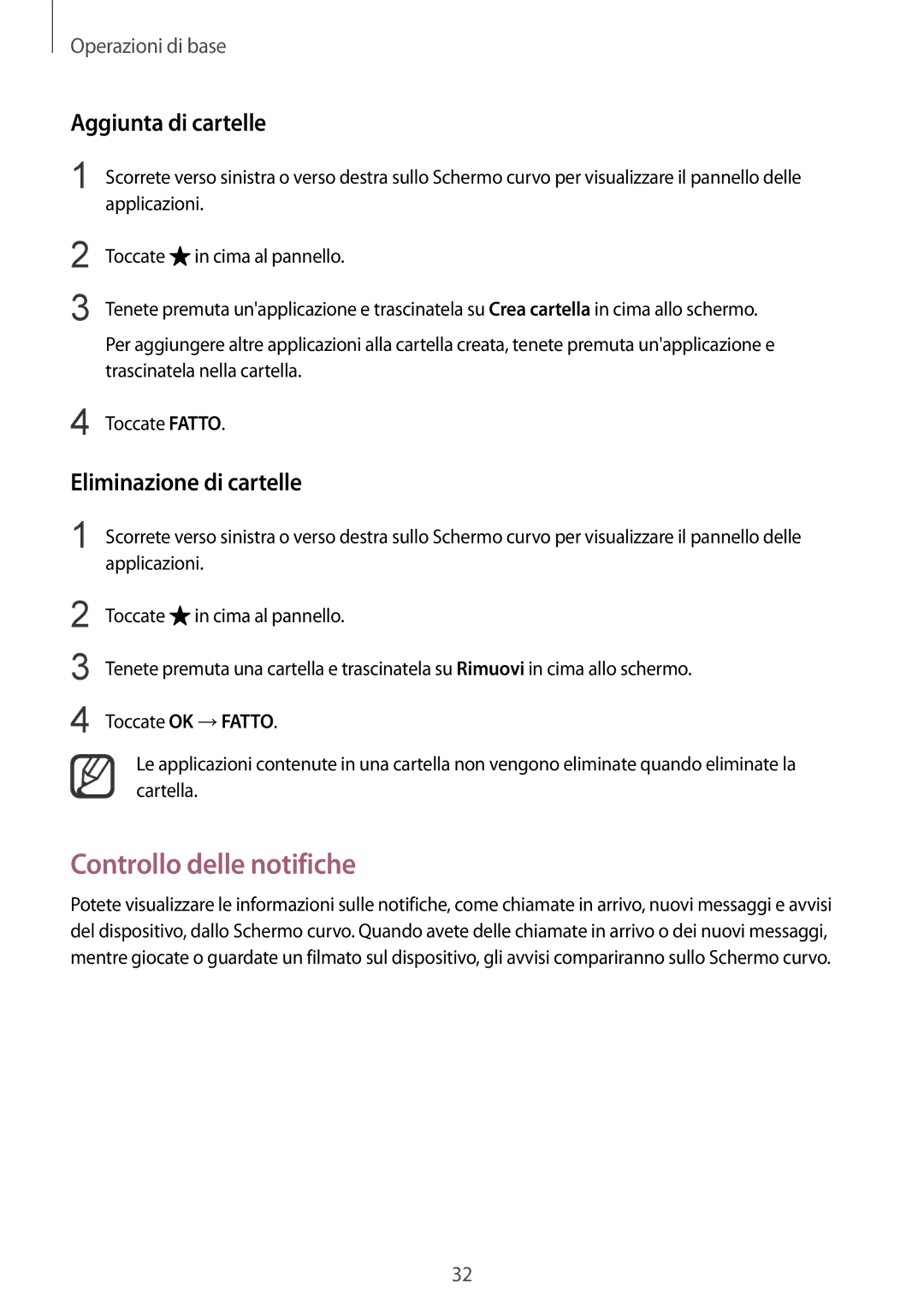 Samsung SM-N915FZWYITV, SM-N915FZWYXEO manual Controllo delle notifiche, Aggiunta di cartelle, Eliminazione di cartelle 