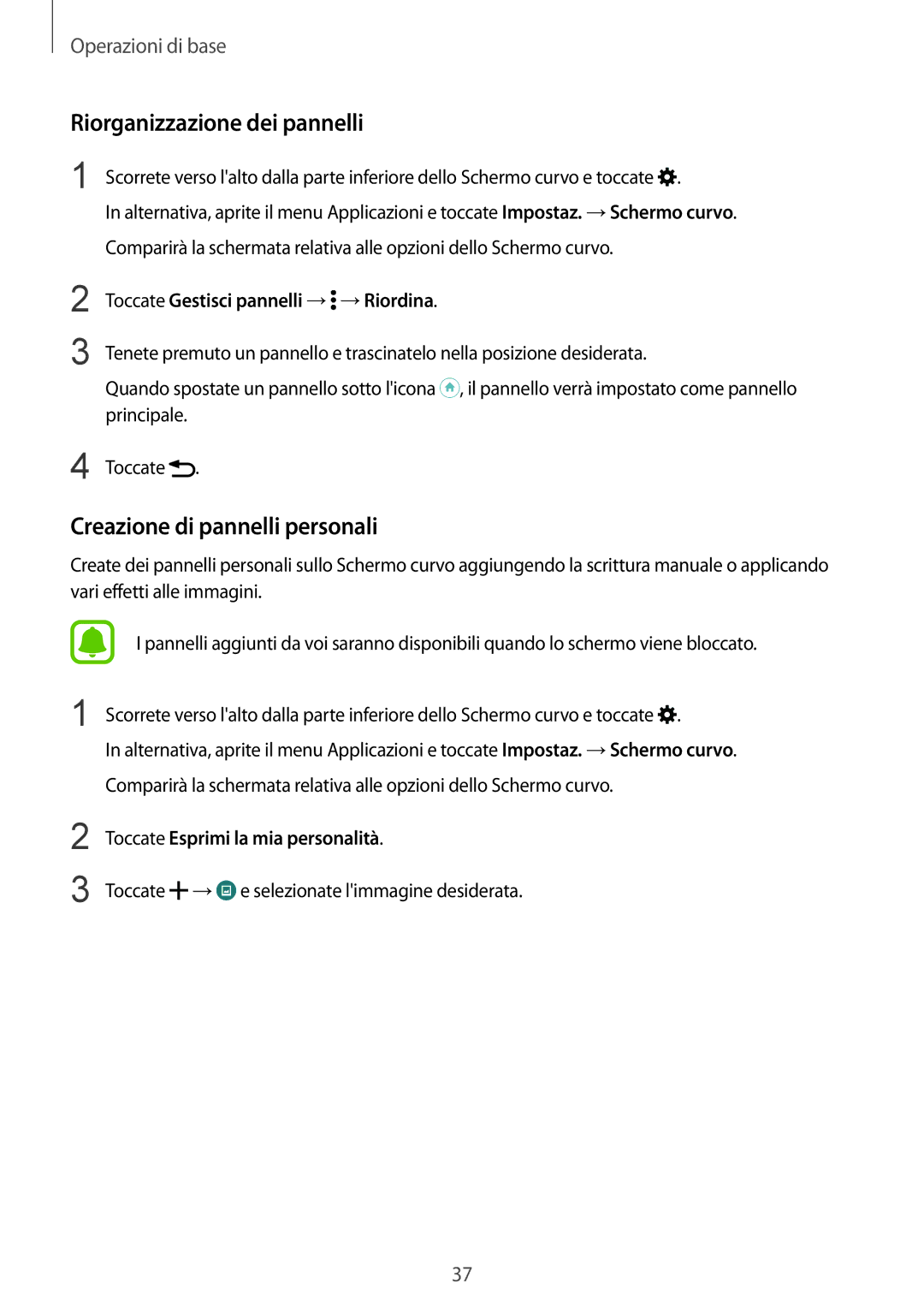 Samsung SM-N915FZKYDBT Riorganizzazione dei pannelli, Creazione di pannelli personali, Toccate Esprimi la mia personalità 