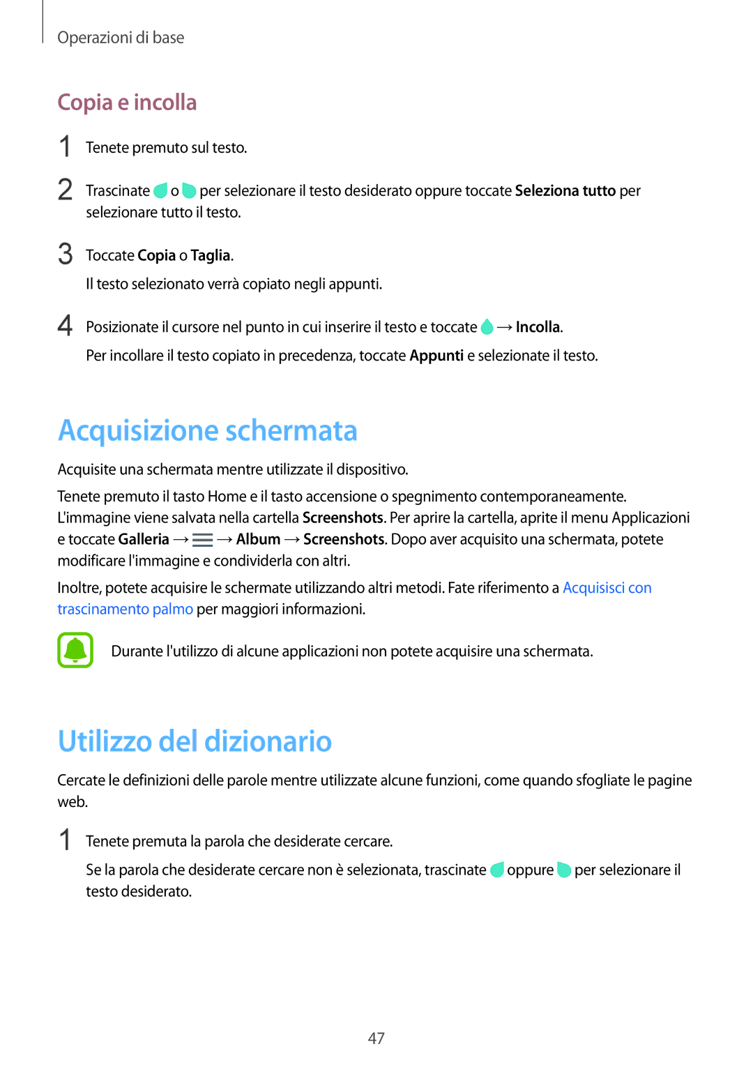 Samsung SM-N915FZKYITV manual Acquisizione schermata, Utilizzo del dizionario, Copia e incolla, Toccate Copia o Taglia 