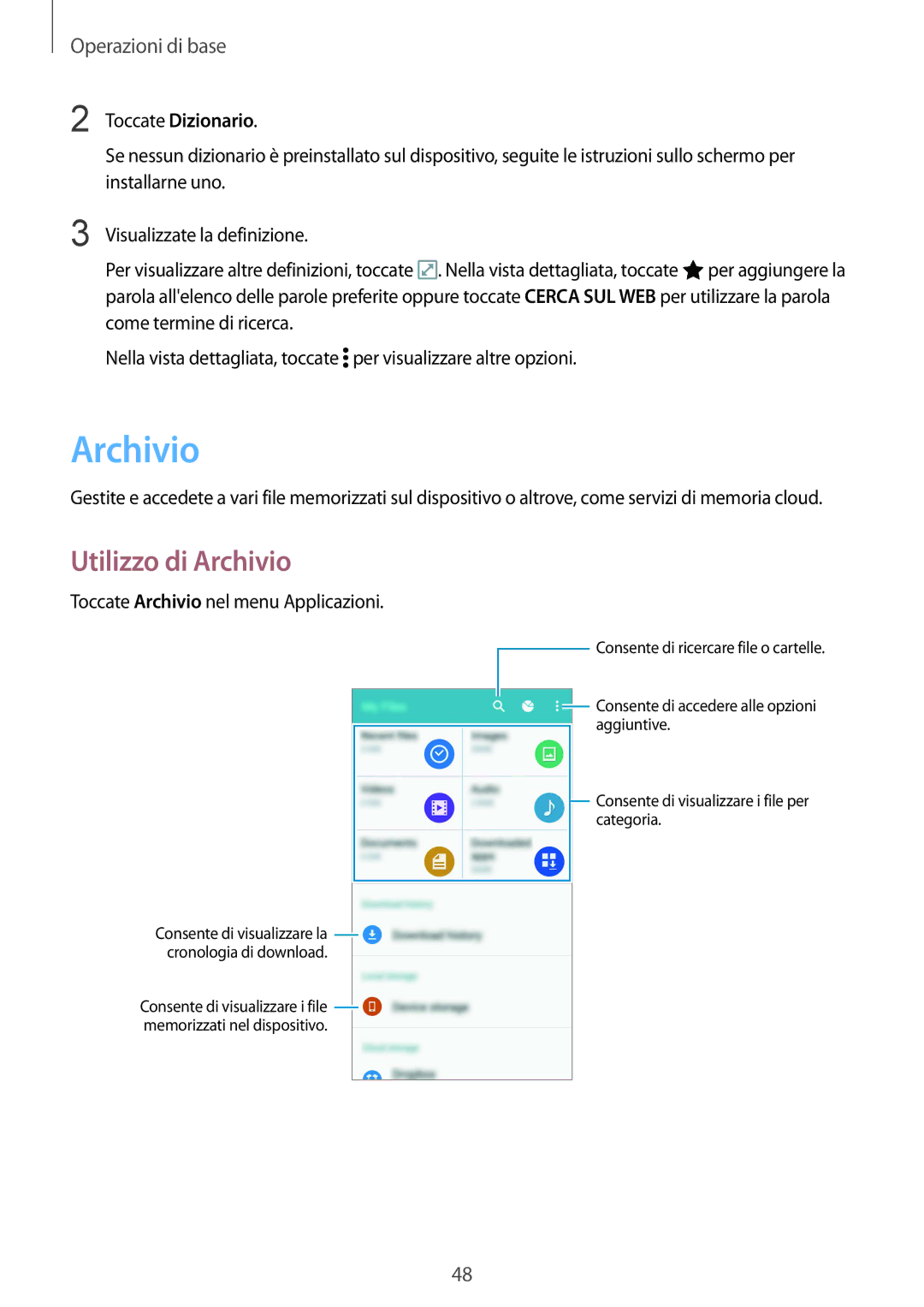 Samsung SM-N915FZWYXEO, SM-N915FZKYDBT, SM-N915FZWYITV, SM-N915FZKYXEO manual Utilizzo di Archivio, Toccate Dizionario 