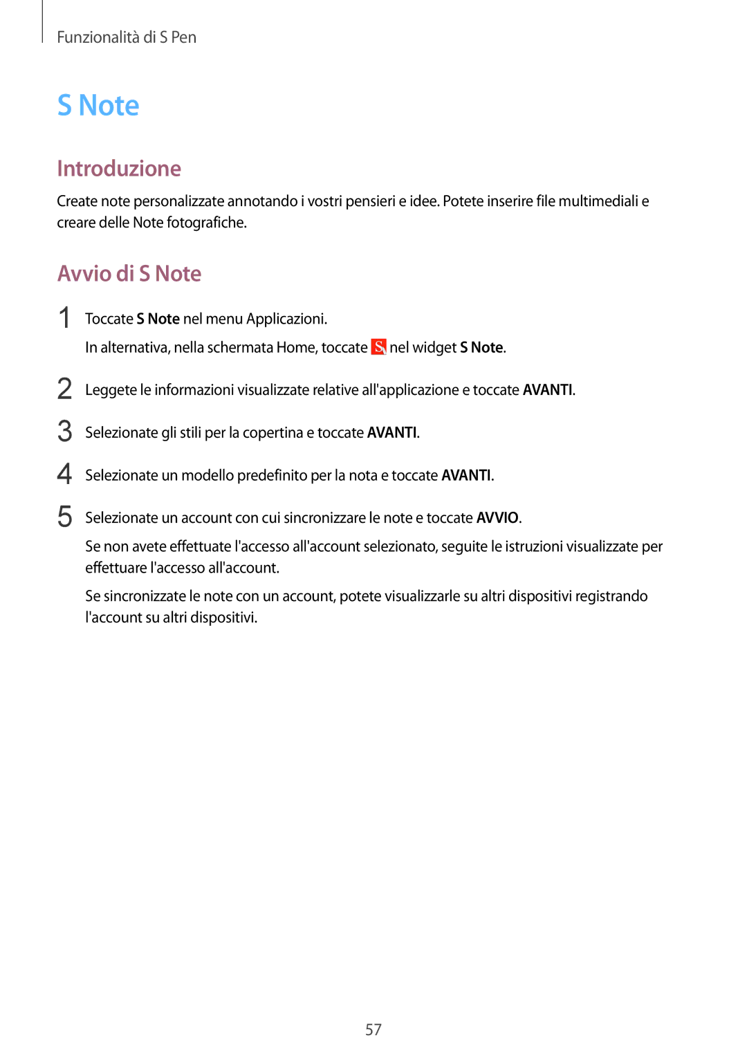 Samsung SM-N915FZKYXEO, SM-N915FZWYXEO, SM-N915FZKYDBT, SM-N915FZWYITV, SM-N915FZKYAUT manual Introduzione, Avvio di S Note 