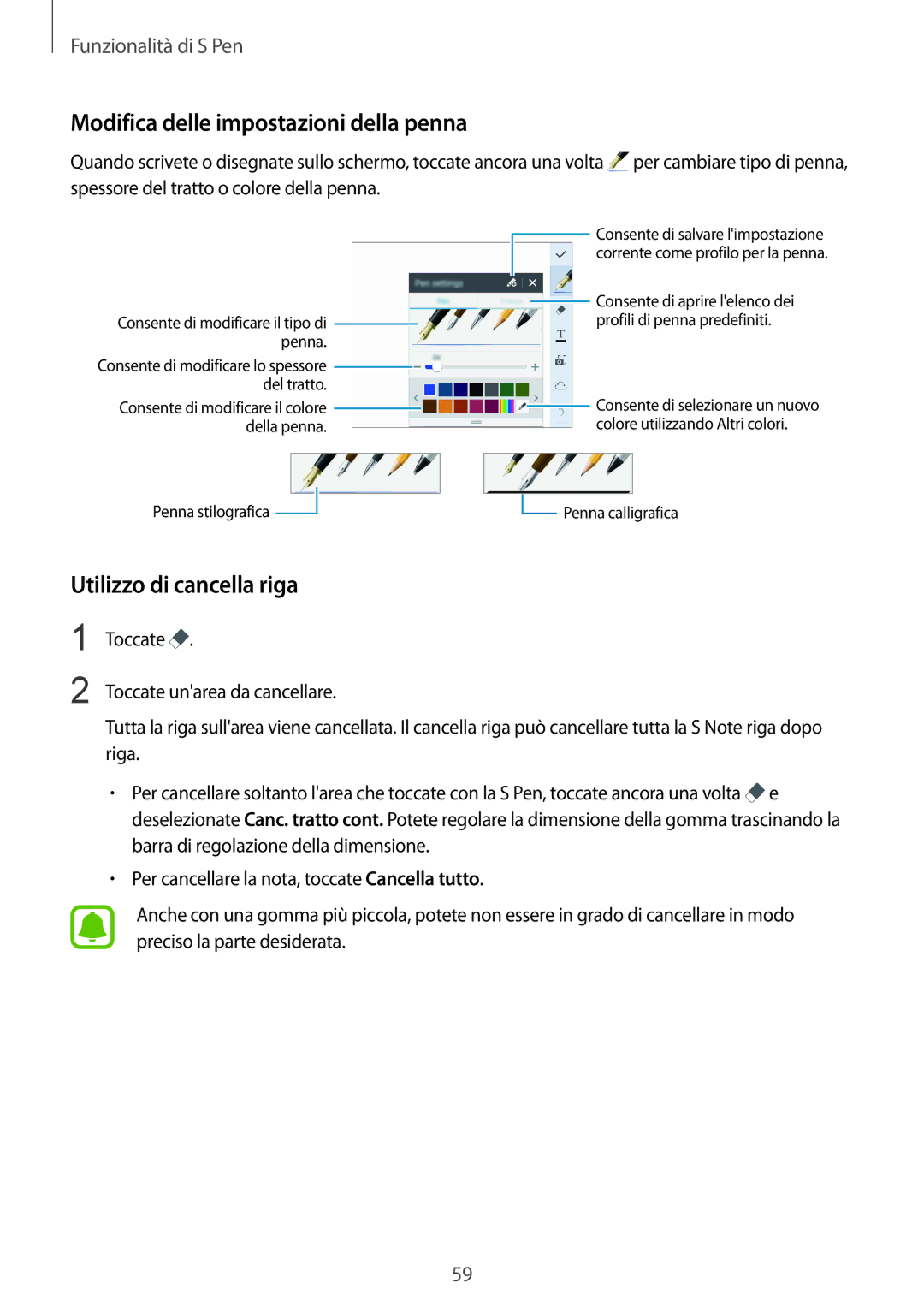 Samsung SM-N915FZKYITV, SM-N915FZWYXEO, SM-N915FZKYDBT Modifica delle impostazioni della penna, Utilizzo di cancella riga 