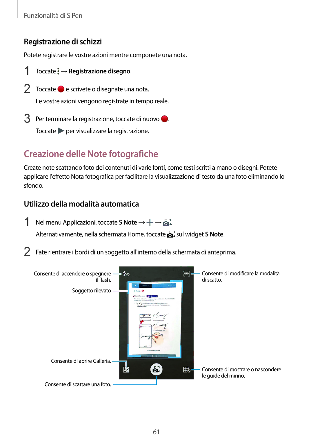 Samsung SM-N915FZKYDBT Creazione delle Note fotografiche, Registrazione di schizzi, Utilizzo della modalità automatica 