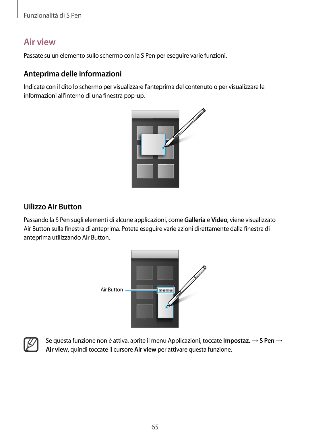 Samsung SM-N915FZKYITV, SM-N915FZWYXEO, SM-N915FZKYDBT manual Air view, Anteprima delle informazioni, Uilizzo Air Button 