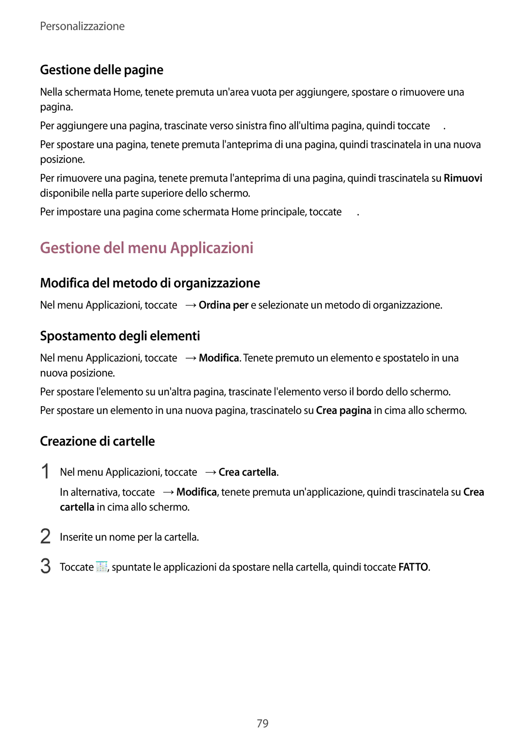 Samsung SM-N915FZKYDBT manual Gestione del menu Applicazioni, Gestione delle pagine, Modifica del metodo di organizzazione 