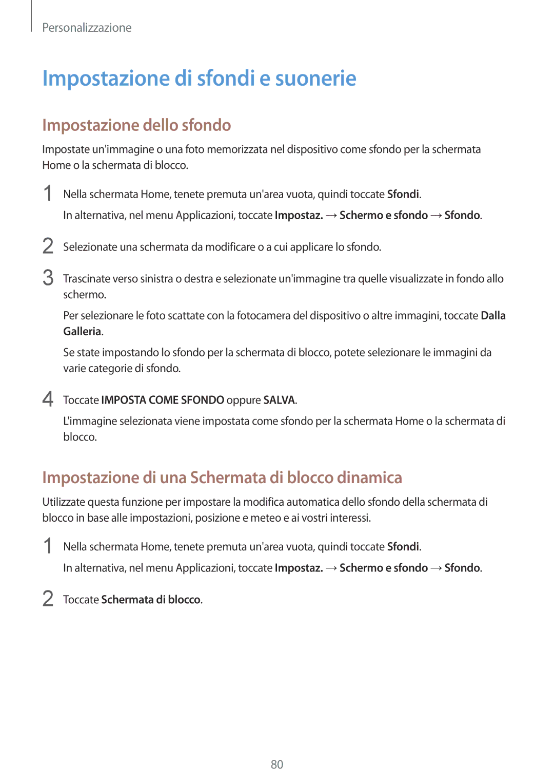 Samsung SM-N915FZWYITV manual Impostazione di sfondi e suonerie, Impostazione dello sfondo, Toccate Schermata di blocco 