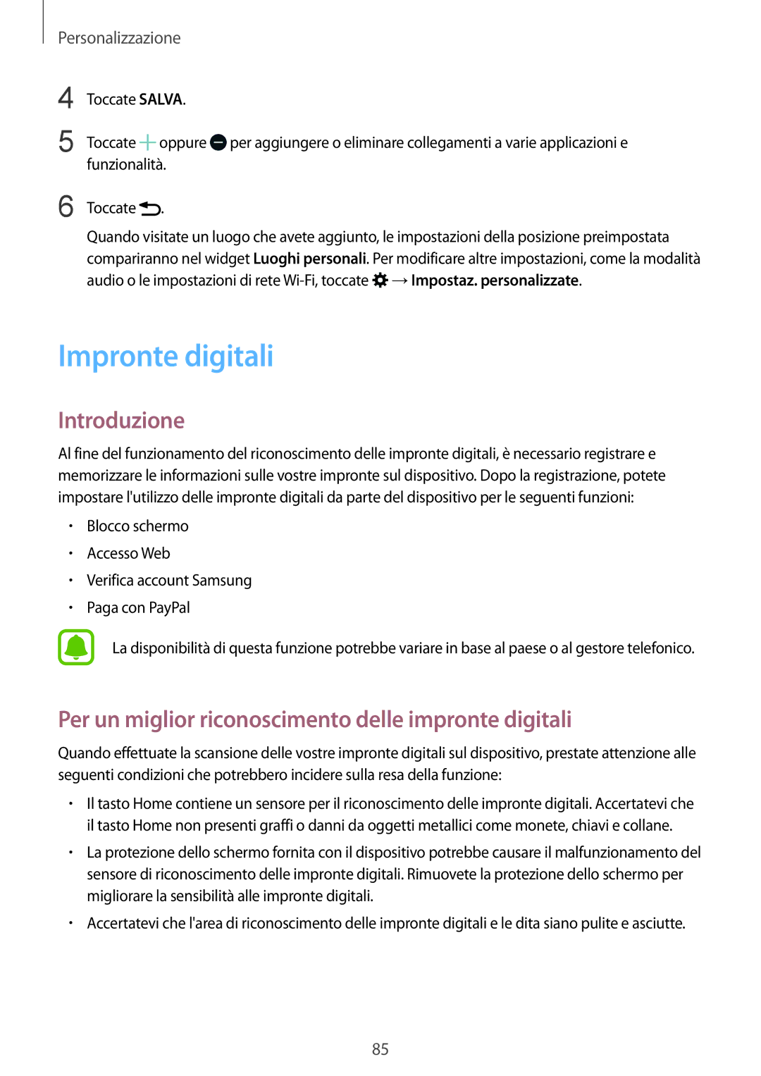 Samsung SM-N915FZKYDBT, SM-N915FZWYXEO manual Impronte digitali, Per un miglior riconoscimento delle impronte digitali 