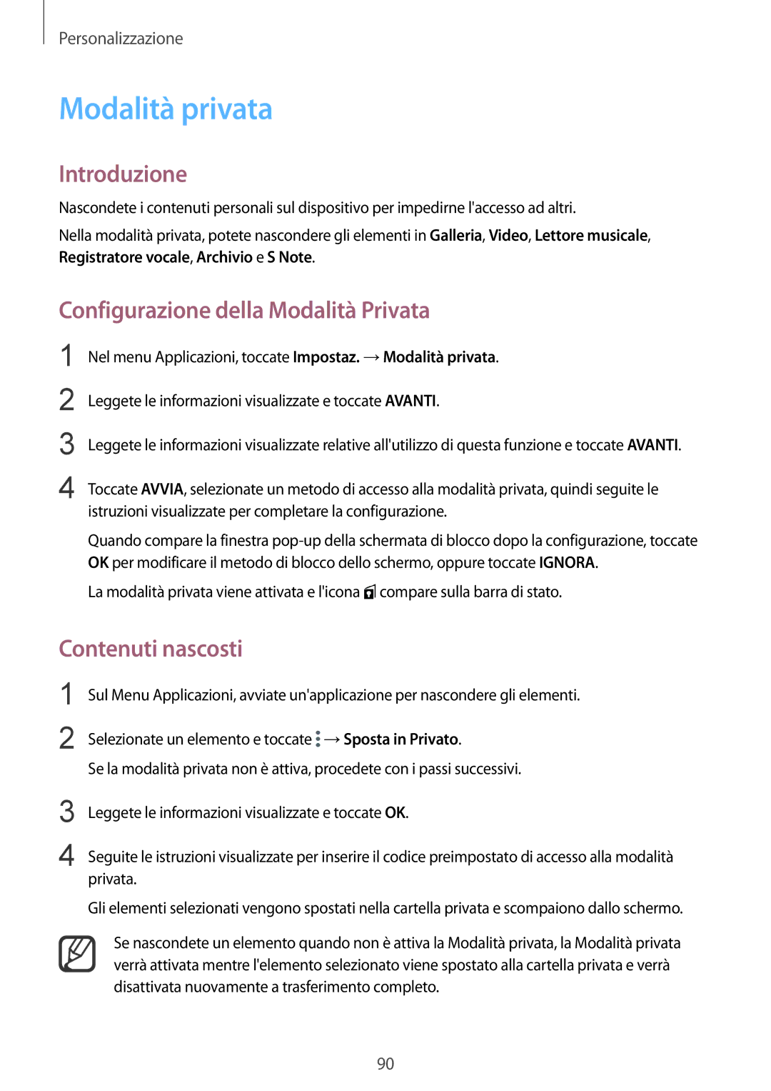 Samsung SM-N915FZWYXEO, SM-N915FZKYDBT manual Modalità privata, Configurazione della Modalità Privata, Contenuti nascosti 