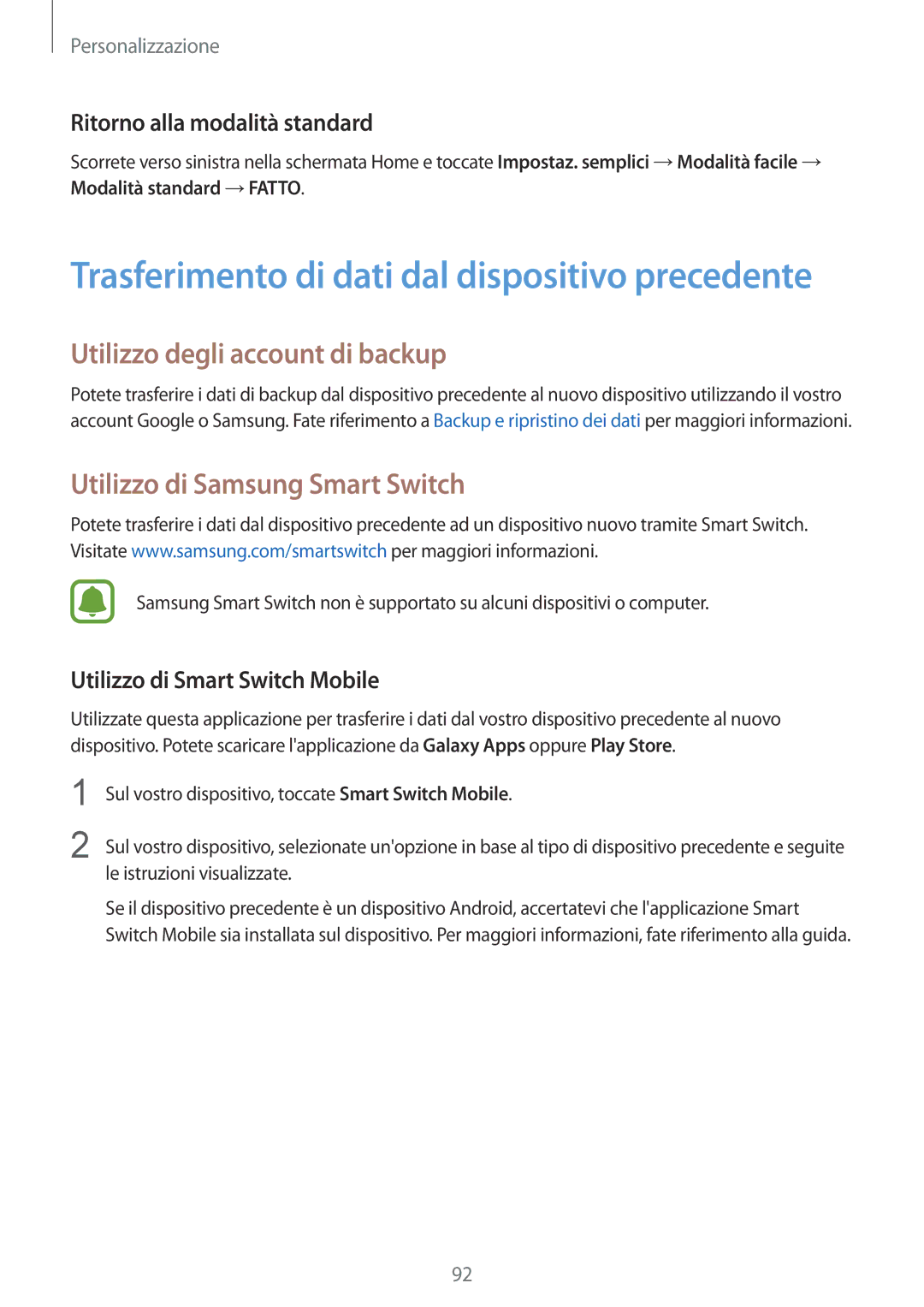 Samsung SM-N915FZWYITV Utilizzo degli account di backup, Utilizzo di Samsung Smart Switch, Ritorno alla modalità standard 