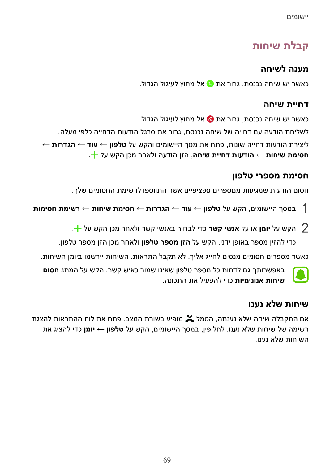 Samsung SM-N920CZDAILO manual תוחיש תלבק, החישל הנעמ, החיש תייחד, ןופלט ירפסמ תמיסח, ונענ אלש תוחיש 