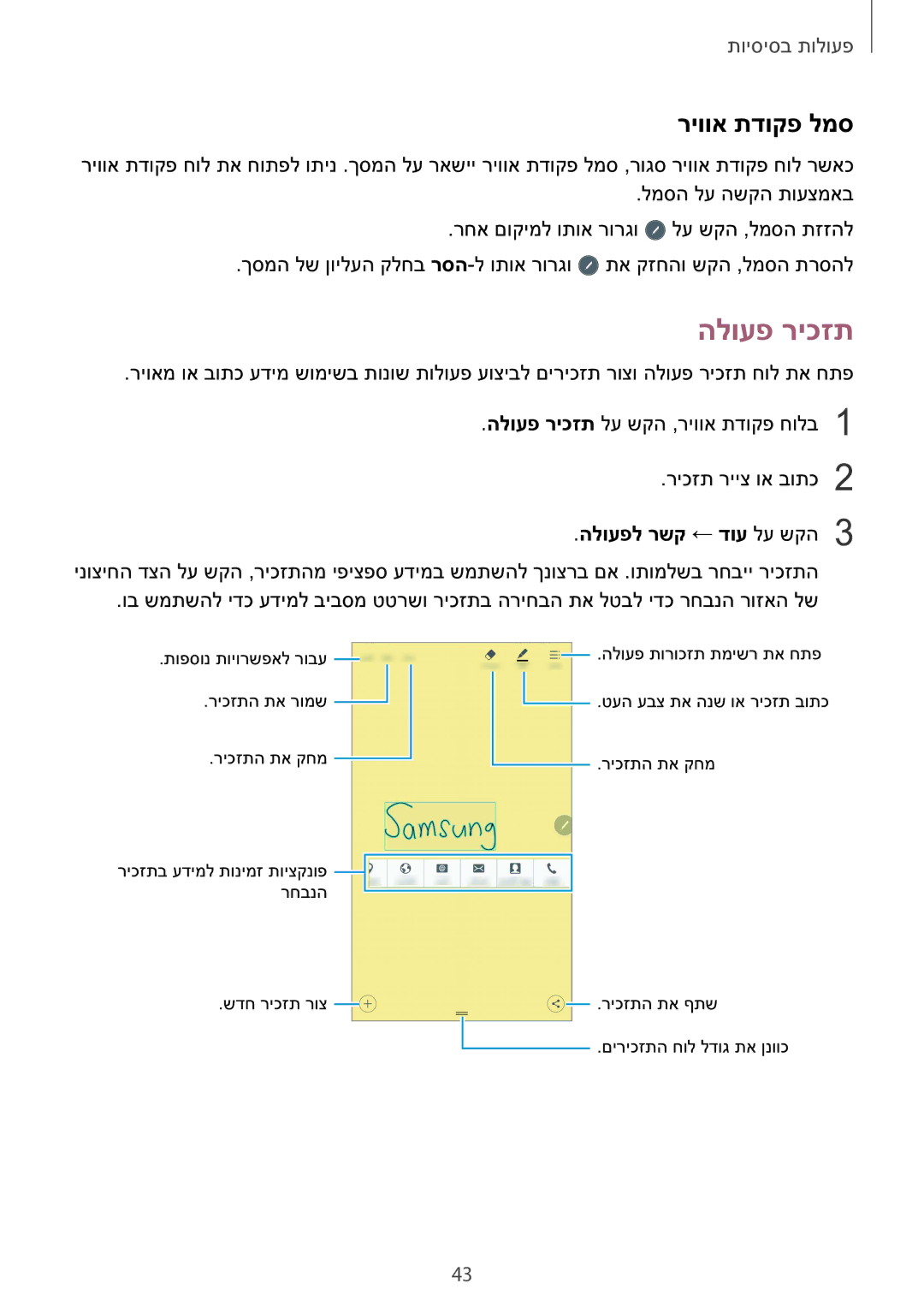 Samsung SM-N920CZDAILO manual הלועפ ריכזת, ריווא תדוקפ למס, הלועפל רשק ← דוע לע שקה3 