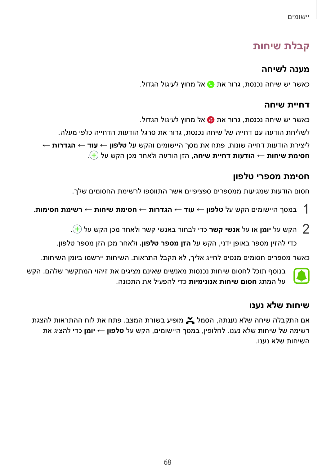 Samsung SM-N920CZDAILO manual תוחיש תלבק, החישל הנעמ, החיש תייחד, ןופלט ירפסמ תמיסח, ונענ אלש תוחיש 