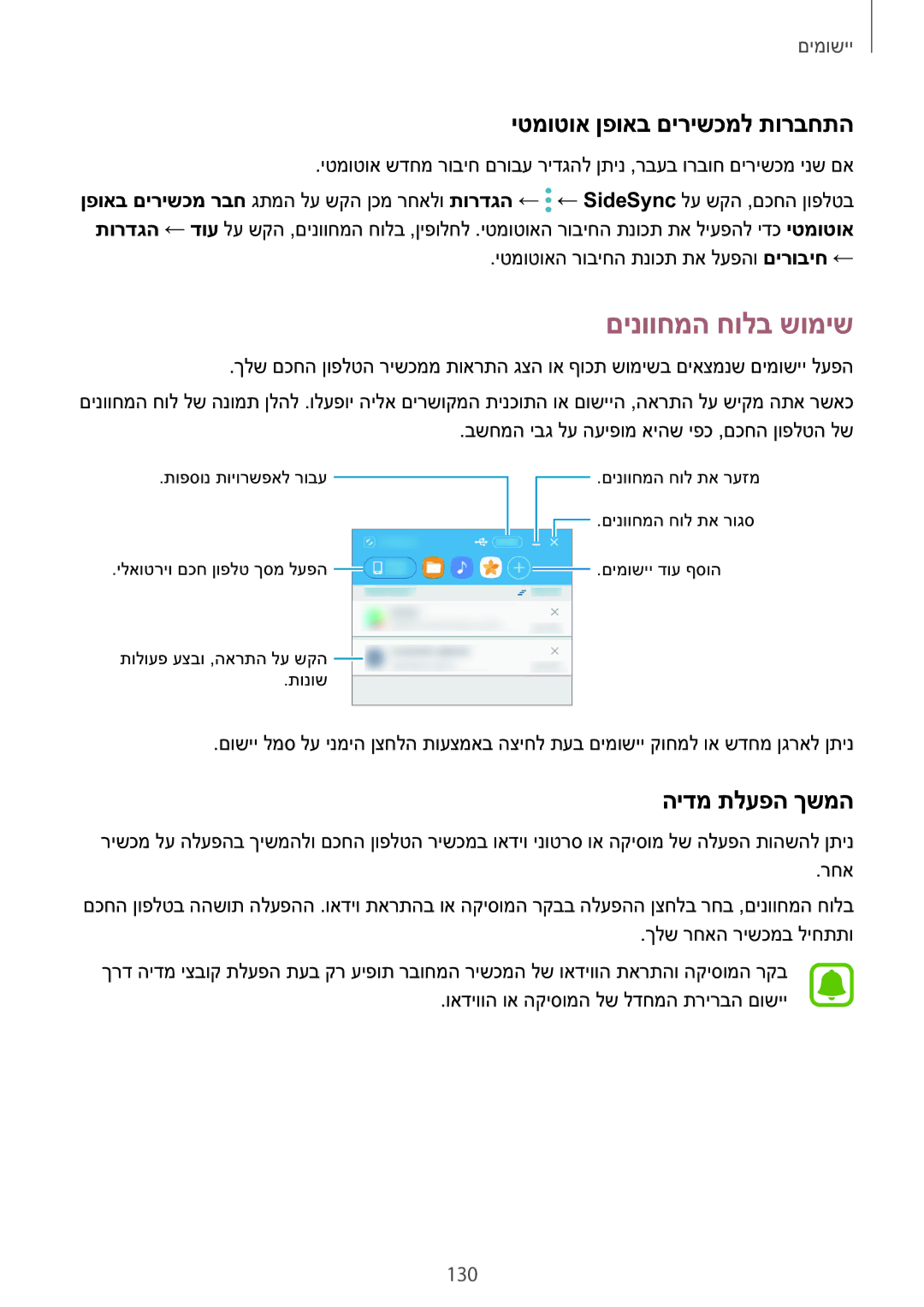 Samsung SM-N920CZDAILO manual םינווחמה חולב שומיש, יטמוטוא ןפואב םירישכמל תורבחתה, הידמ תלעפה ךשמה, 130 