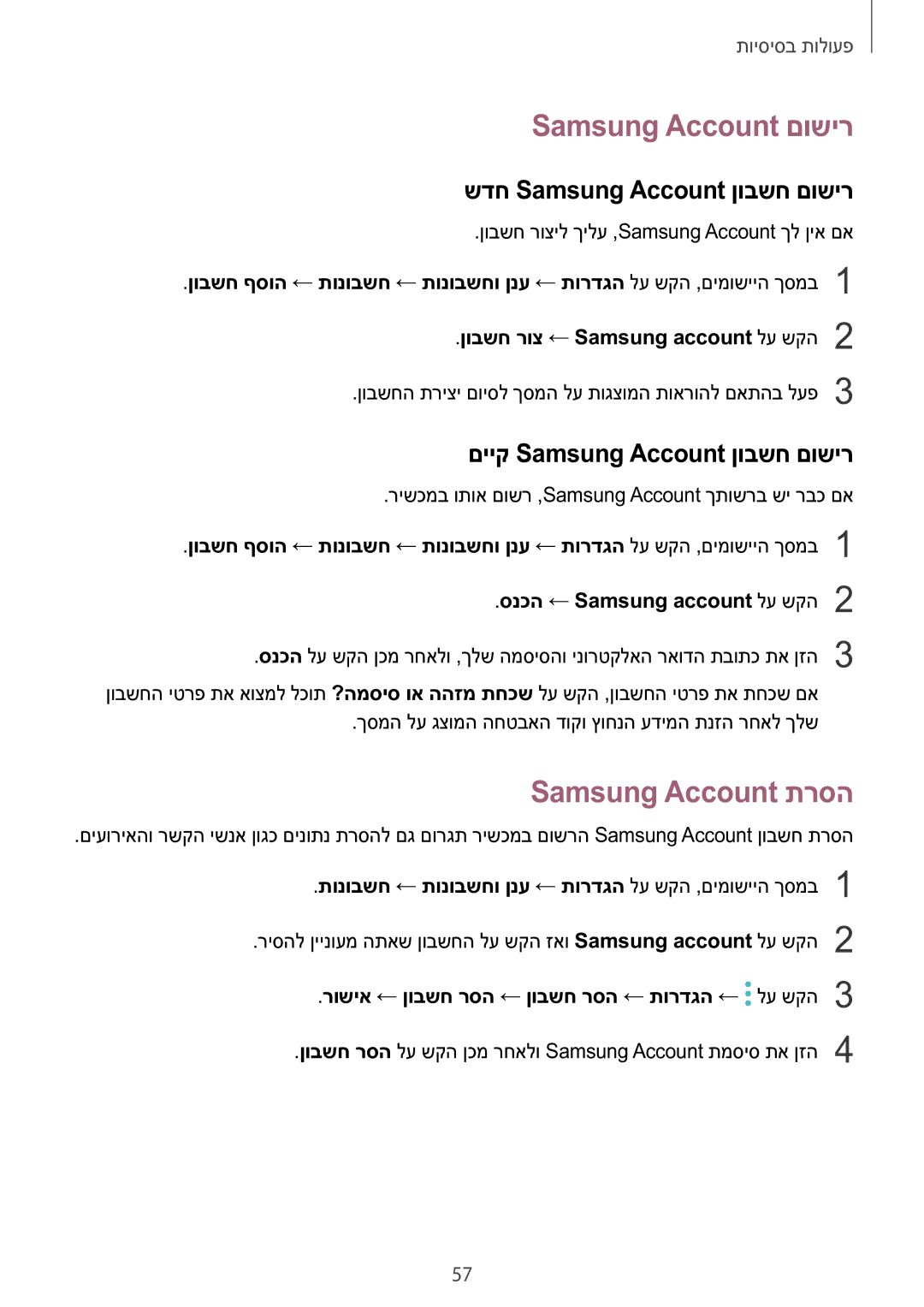 Samsung SM-N920CZDAILO manual Samsung Account םושיר, Samsung Account תרסה, שדח Samsung Account ןובשח םושיר 