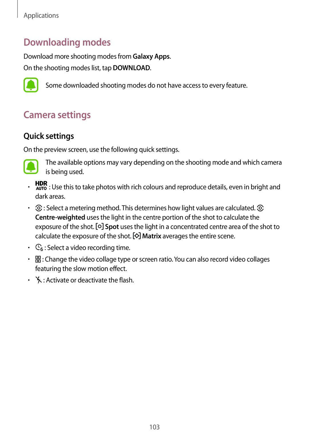 Samsung SM-N920CZWAXXV, SM-N920CZDUXSG, SM-N920CZKAKSA, SM-N920CEDEKSA Downloading modes, Camera settings, Quick settings 