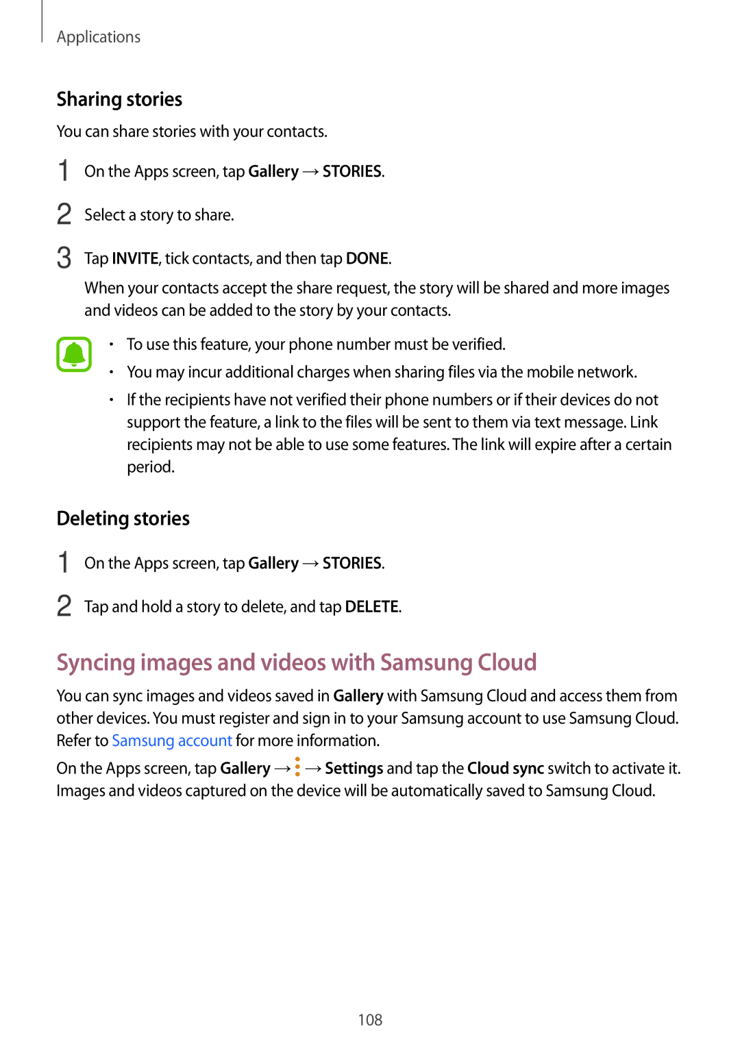 Samsung SM-N920CZDAKSA, SM-N920CZDUXSG Syncing images and videos with Samsung Cloud, Sharing stories, Deleting stories 