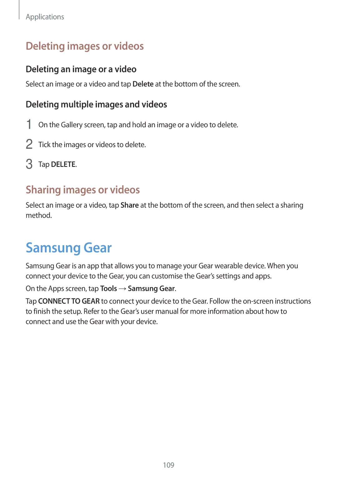 Samsung CG-N920FZWXVTC Samsung Gear, Deleting images or videos, Sharing images or videos, Deleting an image or a video 