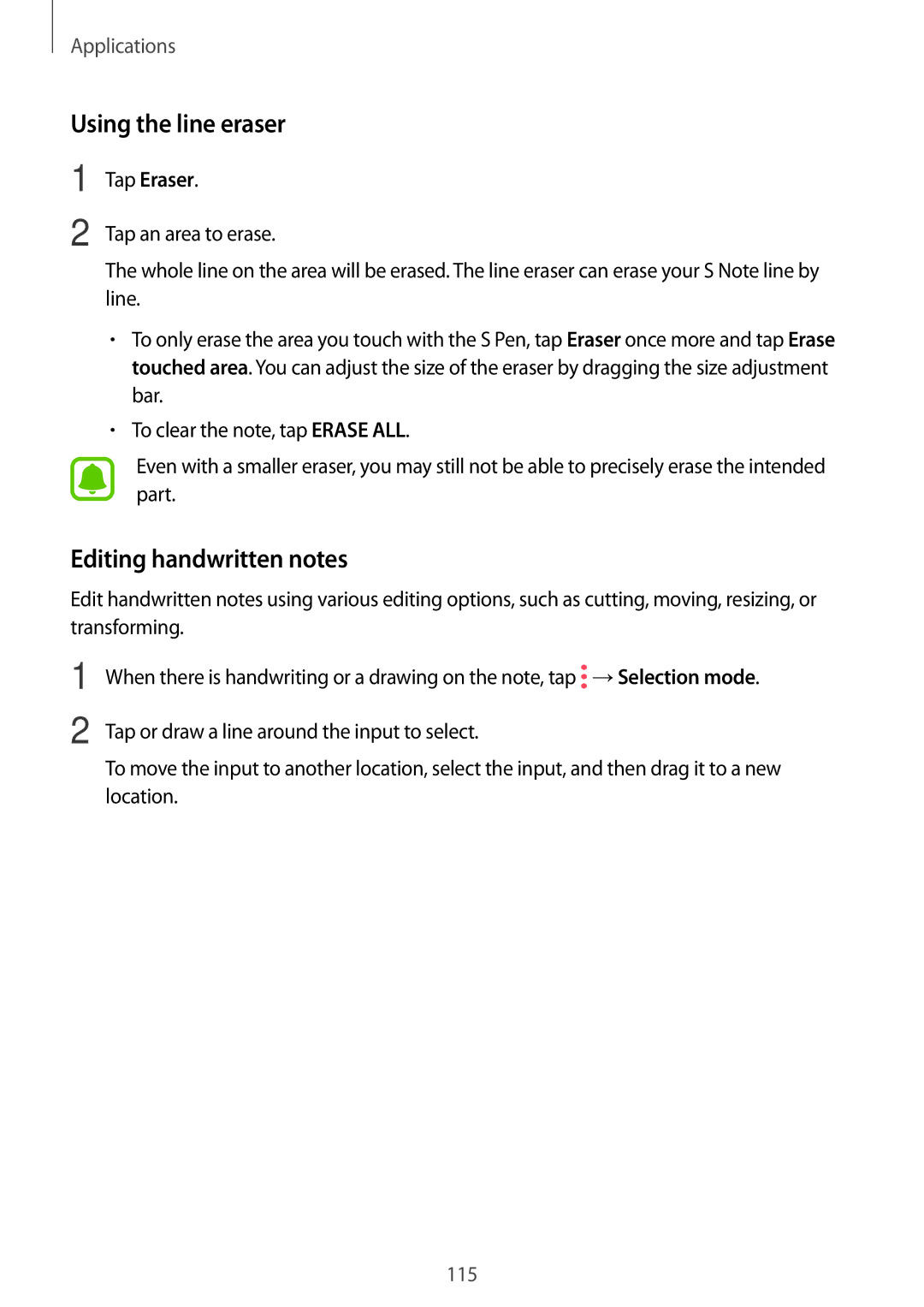 Samsung SM-N920CZDAKSA, SM-N920CZDUXSG, SM-N920CZKAKSA manual Using the line eraser, Editing handwritten notes, Tap Eraser 