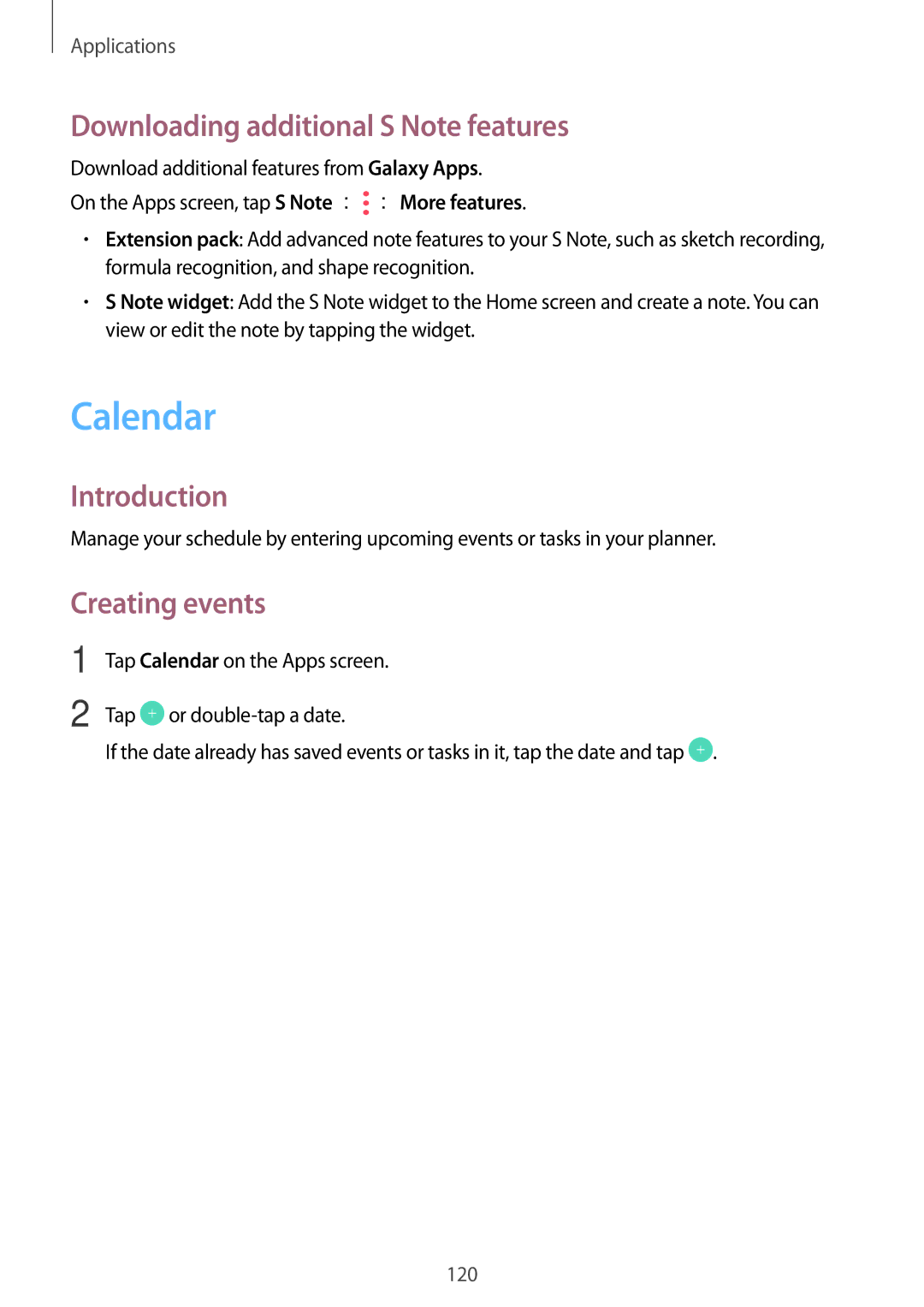 Samsung SM-N920CZKAKSA, SM-N920CZDUXSG, SM-N920CEDEKSA Calendar, Downloading additional S Note features, Creating events 