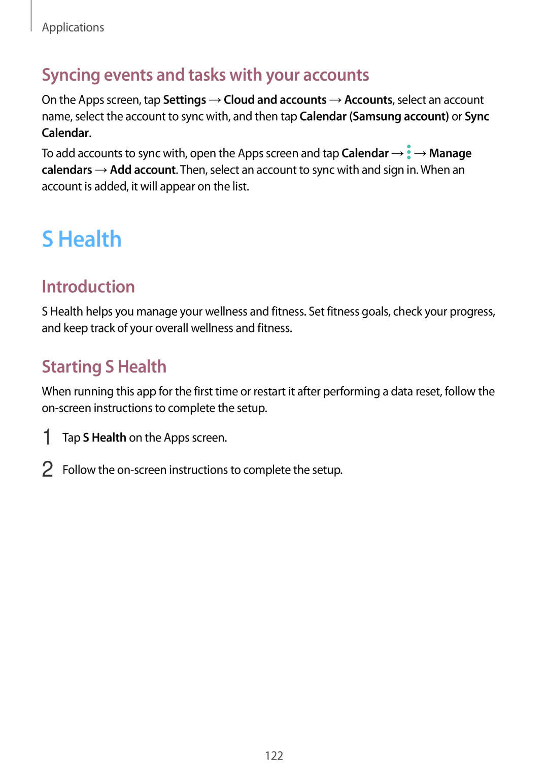 Samsung SM-N920CZDAKSA, SM-N920CZDUXSG, SM-N920CZKAKSA Syncing events and tasks with your accounts, Starting S Health 