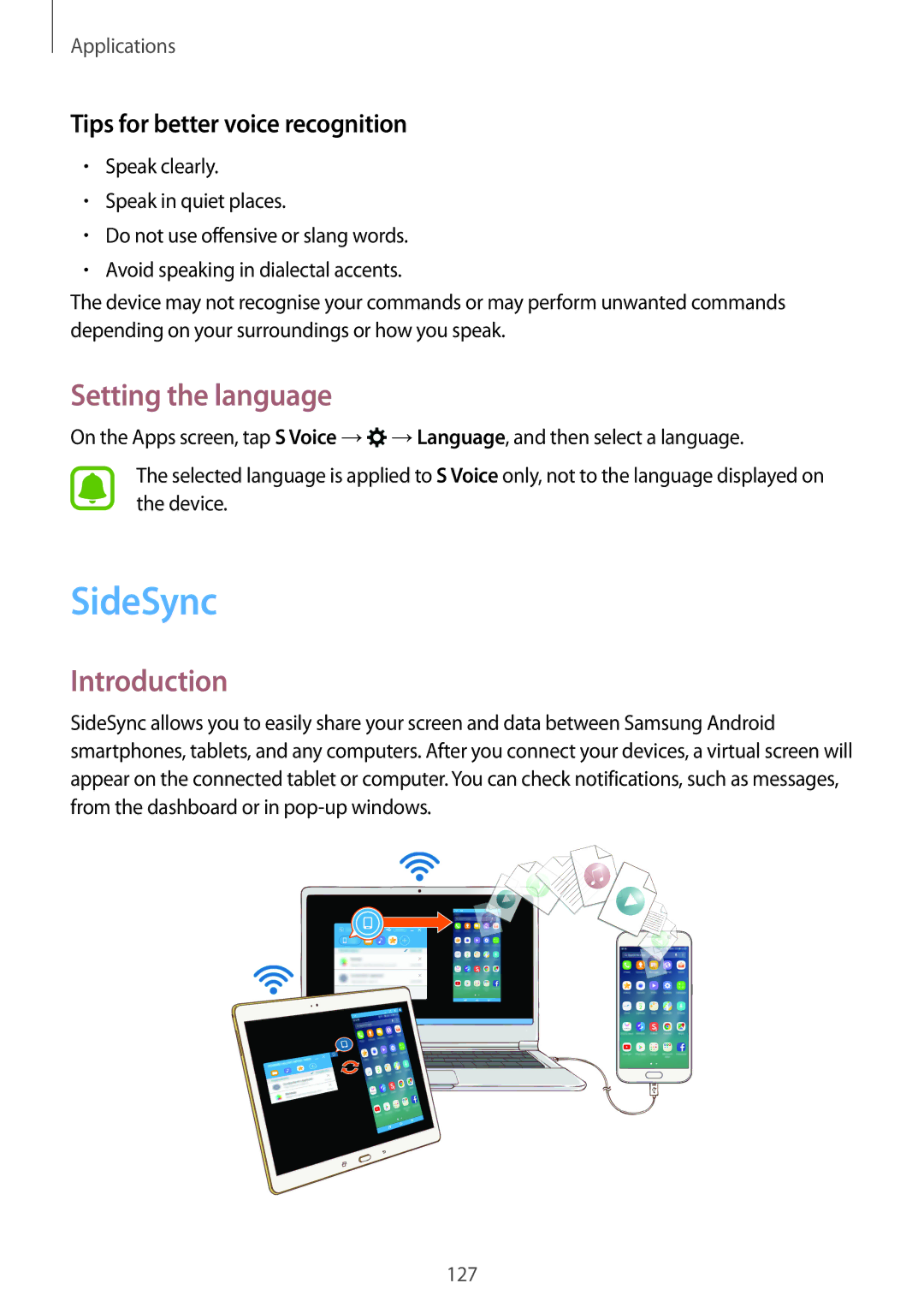 Samsung SM-N920CZKAKSA, SM-N920CZDUXSG, SM-N920CEDEKSA SideSync, Setting the language, Tips for better voice recognition 