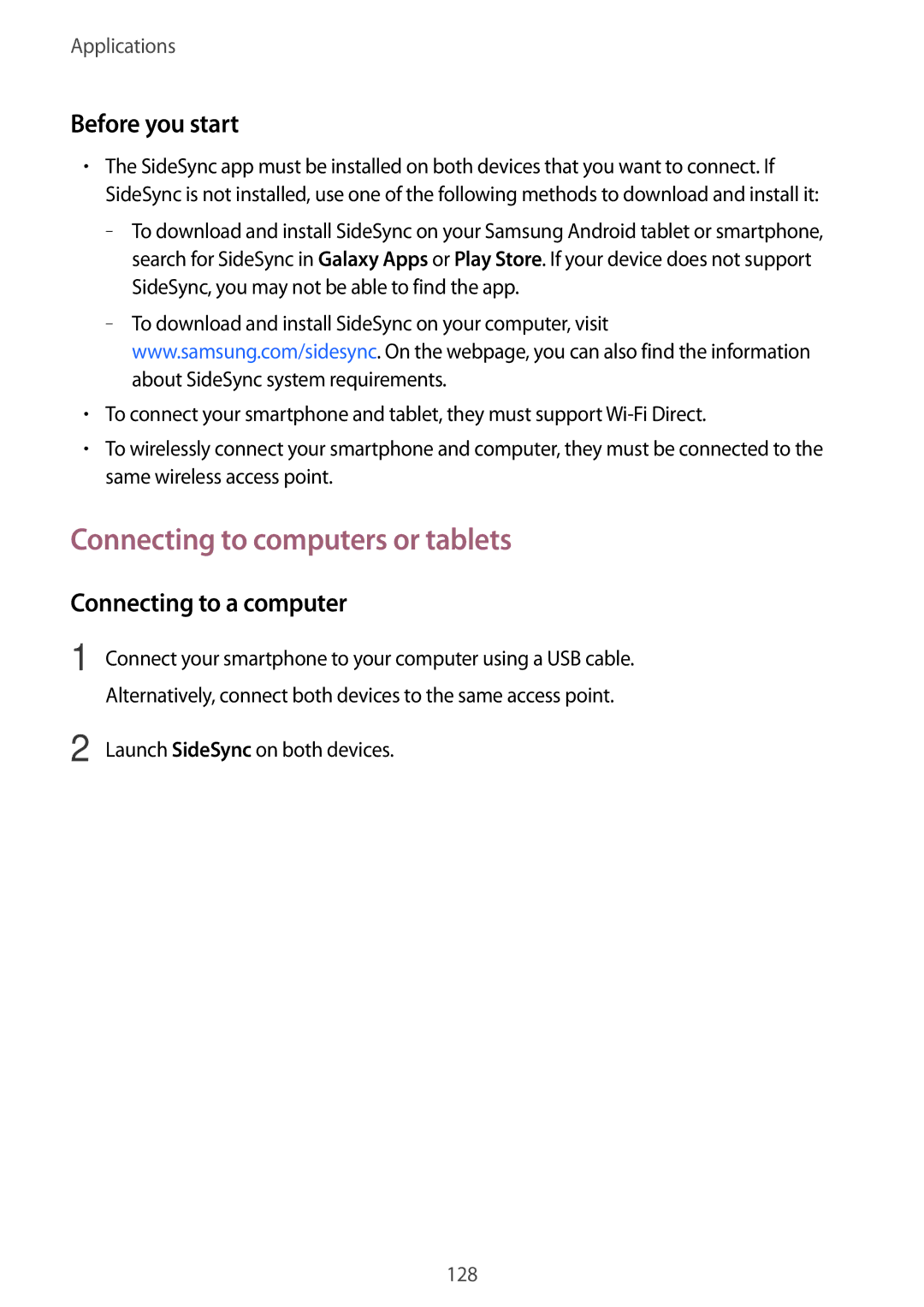 Samsung SM-N920CEDEKSA manual Connecting to computers or tablets, Connecting to a computer, Launch SideSync on both devices 