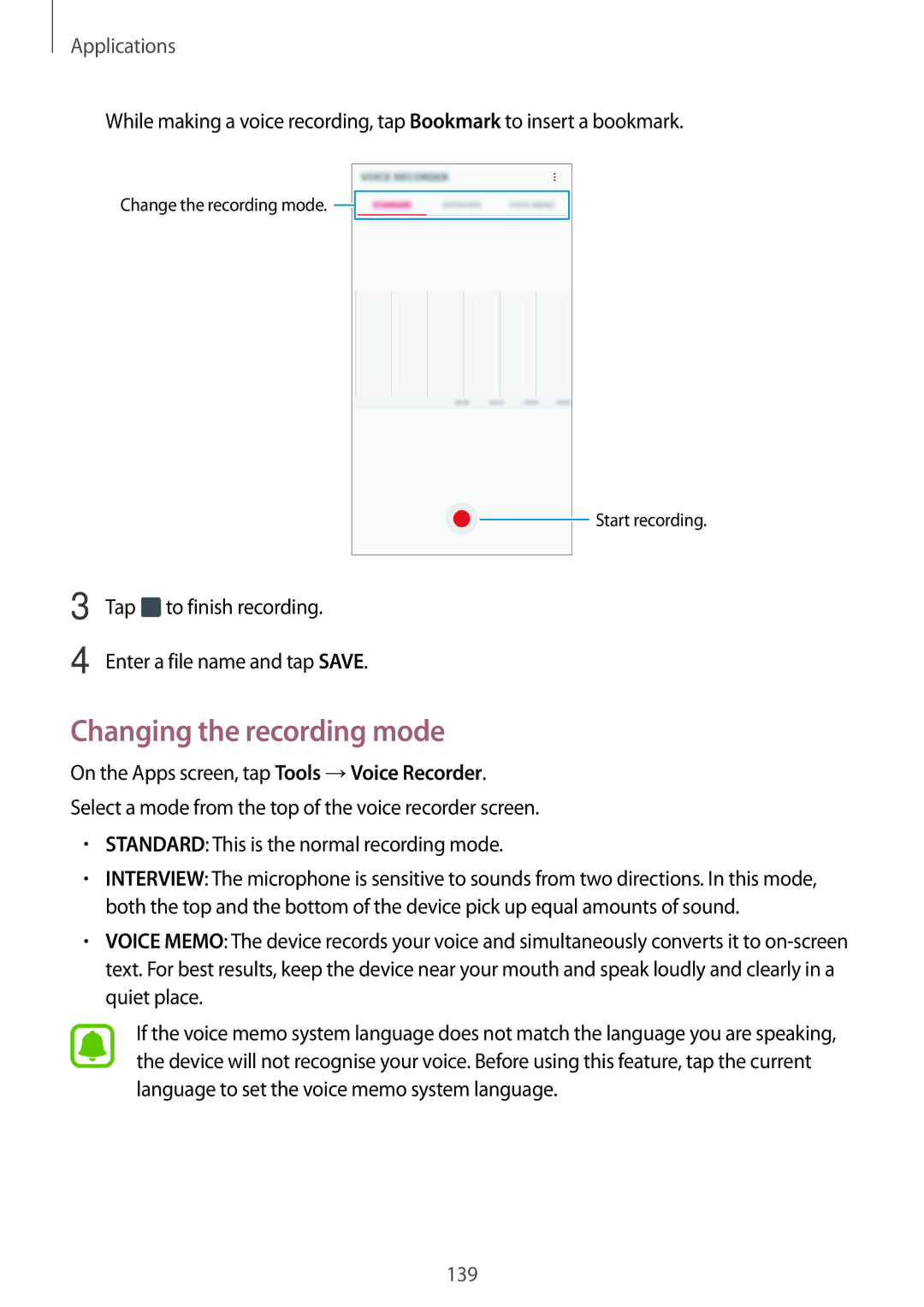 Samsung SM-N920CZDAILO, SM-N920CZDUXSG Changing the recording mode, Tap to finish recording Enter a file name and tap Save 