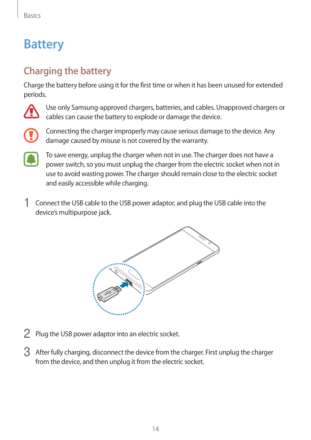 Samsung SM-N920CZDUXSG, SM-N920CZKAKSA, SM-N920CEDEKSA, SM-N920CZDAKSA, CG-N920FZWXVTC manual Battery, Charging the battery 