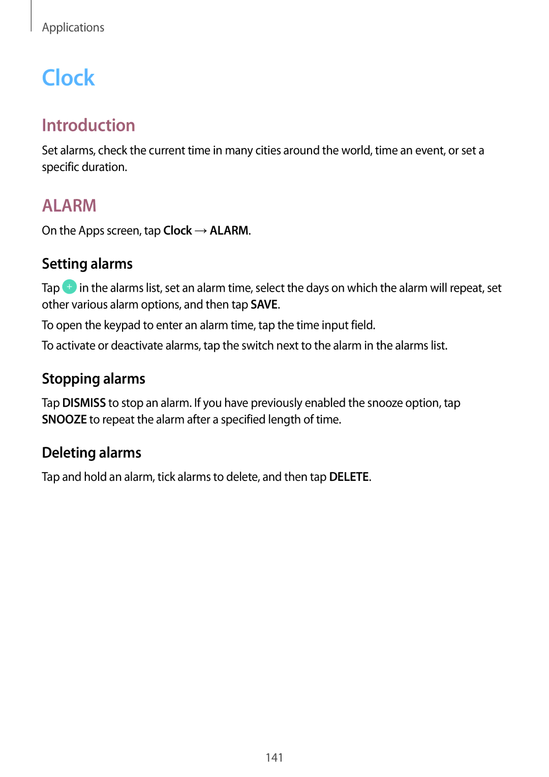 Samsung SM-N920CZKAKSA manual Setting alarms, Stopping alarms, Deleting alarms, On the Apps screen, tap Clock →ALARM 