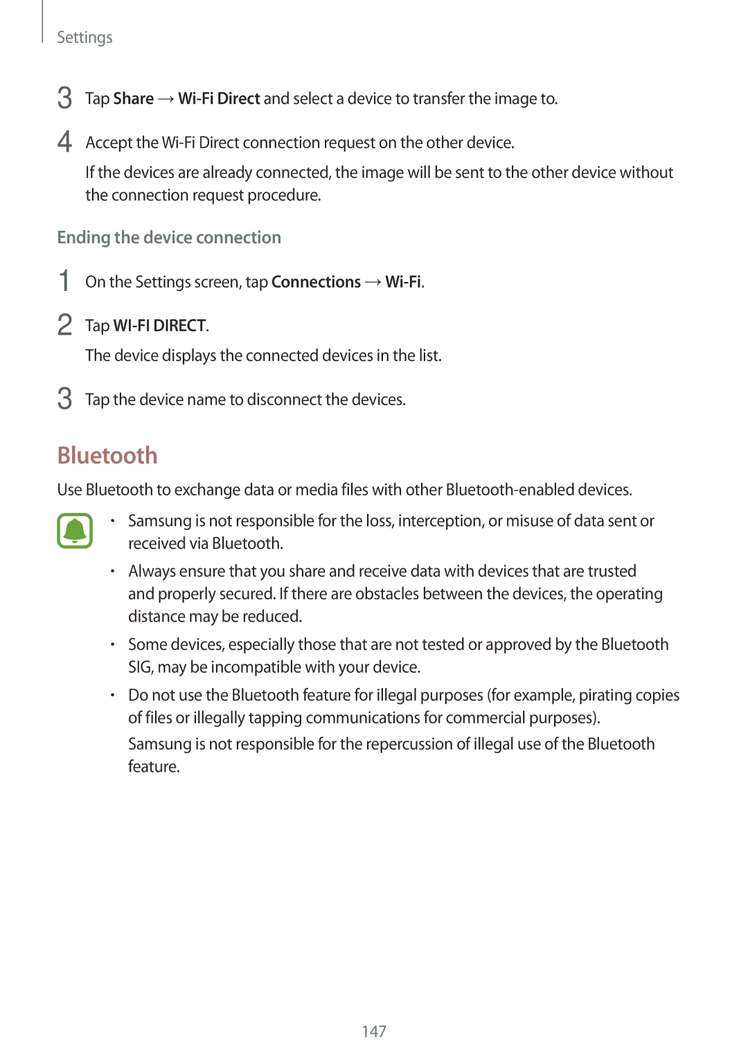 Samsung SM-N920CZDUXSG manual Bluetooth, Ending the device connection, On the Settings screen, tap Connections →Wi-Fi 