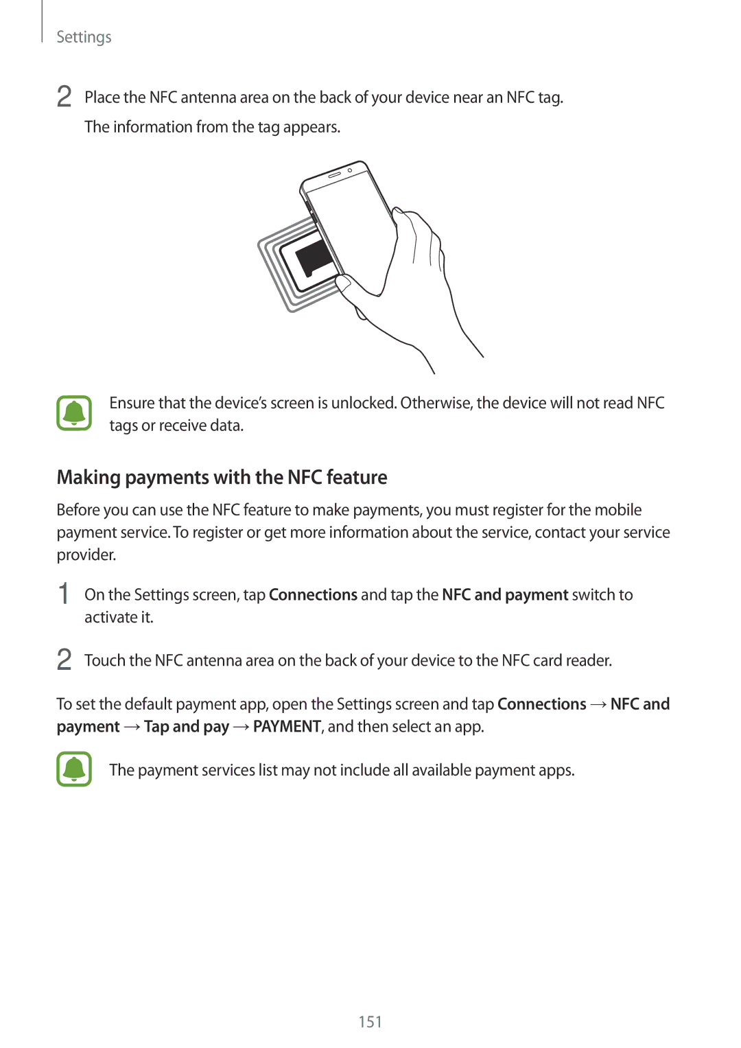 Samsung CG-N920FZWXVTC, SM-N920CZDUXSG, SM-N920CZKAKSA, SM-N920CEDEKSA, SM-N920CZDAKSA Making payments with the NFC feature 