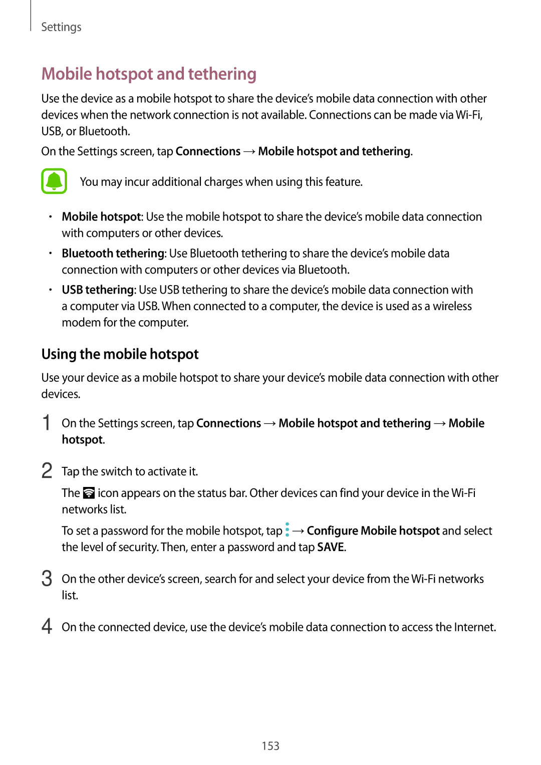 Samsung SM-N920CZDAILO, SM-N920CZDUXSG, SM-N920CZKAKSA manual Mobile hotspot and tethering, Using the mobile hotspot 