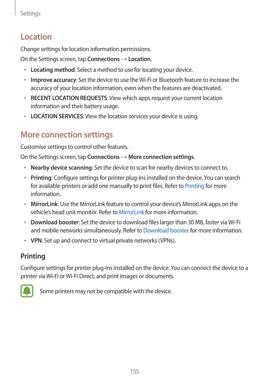 Samsung SM-N920CZKAKSA manual Location, More connection settings, Printing, Customise settings to control other features 