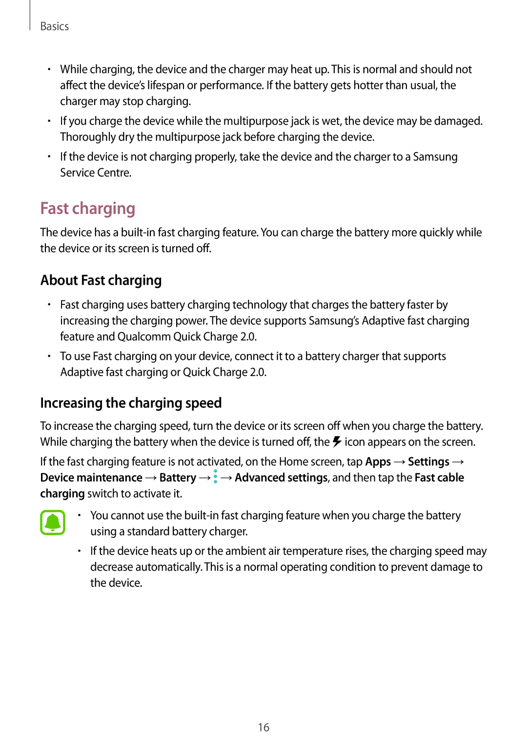 Samsung SM-N920CEDEKSA, SM-N920CZDUXSG, SM-N920CZKAKSA manual About Fast charging, Increasing the charging speed 