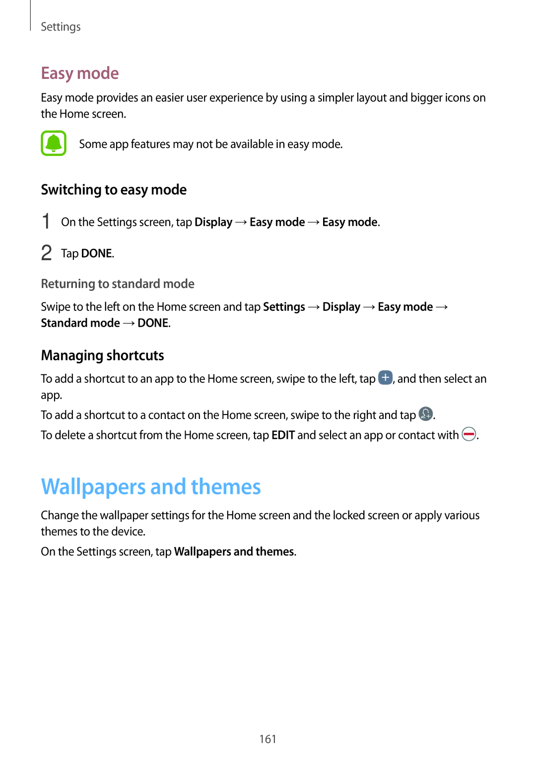 Samsung SM-N920CZDUXSG, SM-N920CZKAKSA manual Wallpapers and themes, Easy mode, Switching to easy mode, Managing shortcuts 