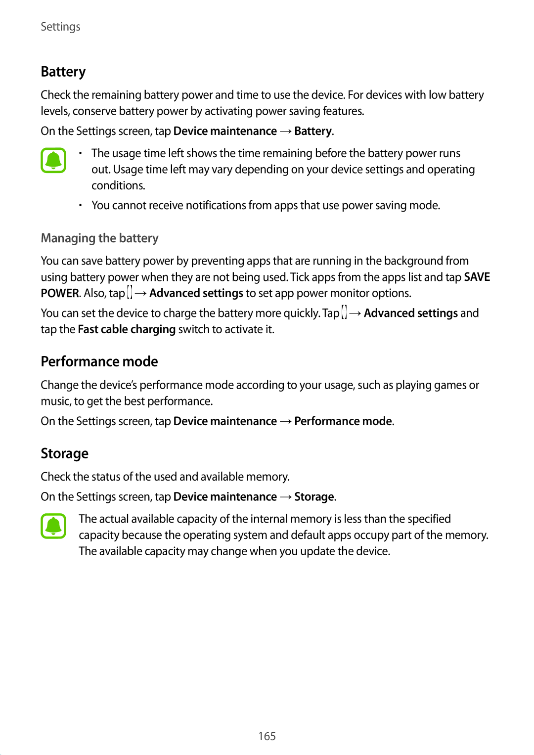 Samsung CG-N920FZWXVTC, SM-N920CZDUXSG, SM-N920CZKAKSA manual Battery, Performance mode, Storage, Managing the battery 