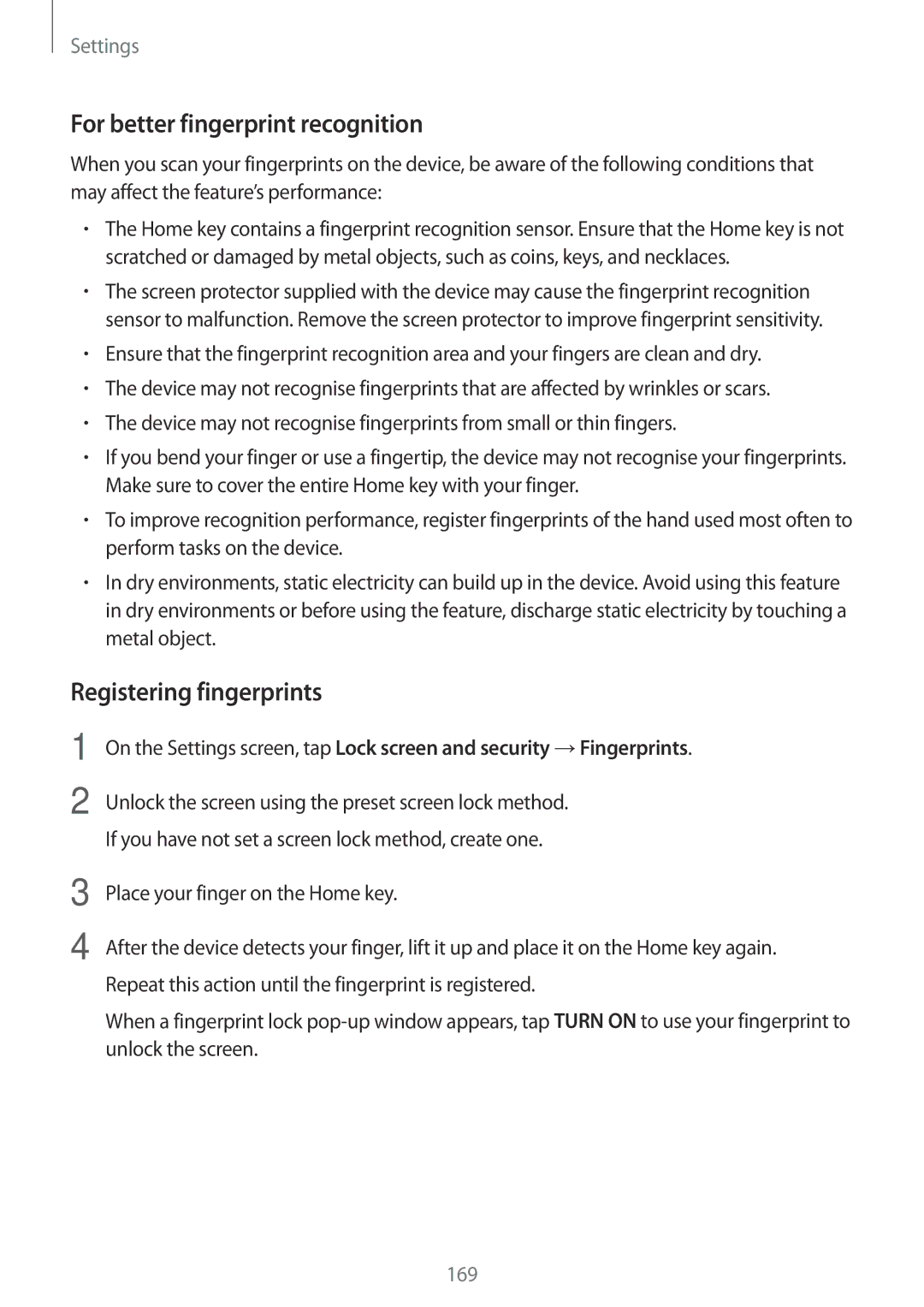 Samsung SM-N920CZKAKSA, SM-N920CZDUXSG, SM-N920CEDEKSA manual For better fingerprint recognition, Registering fingerprints 