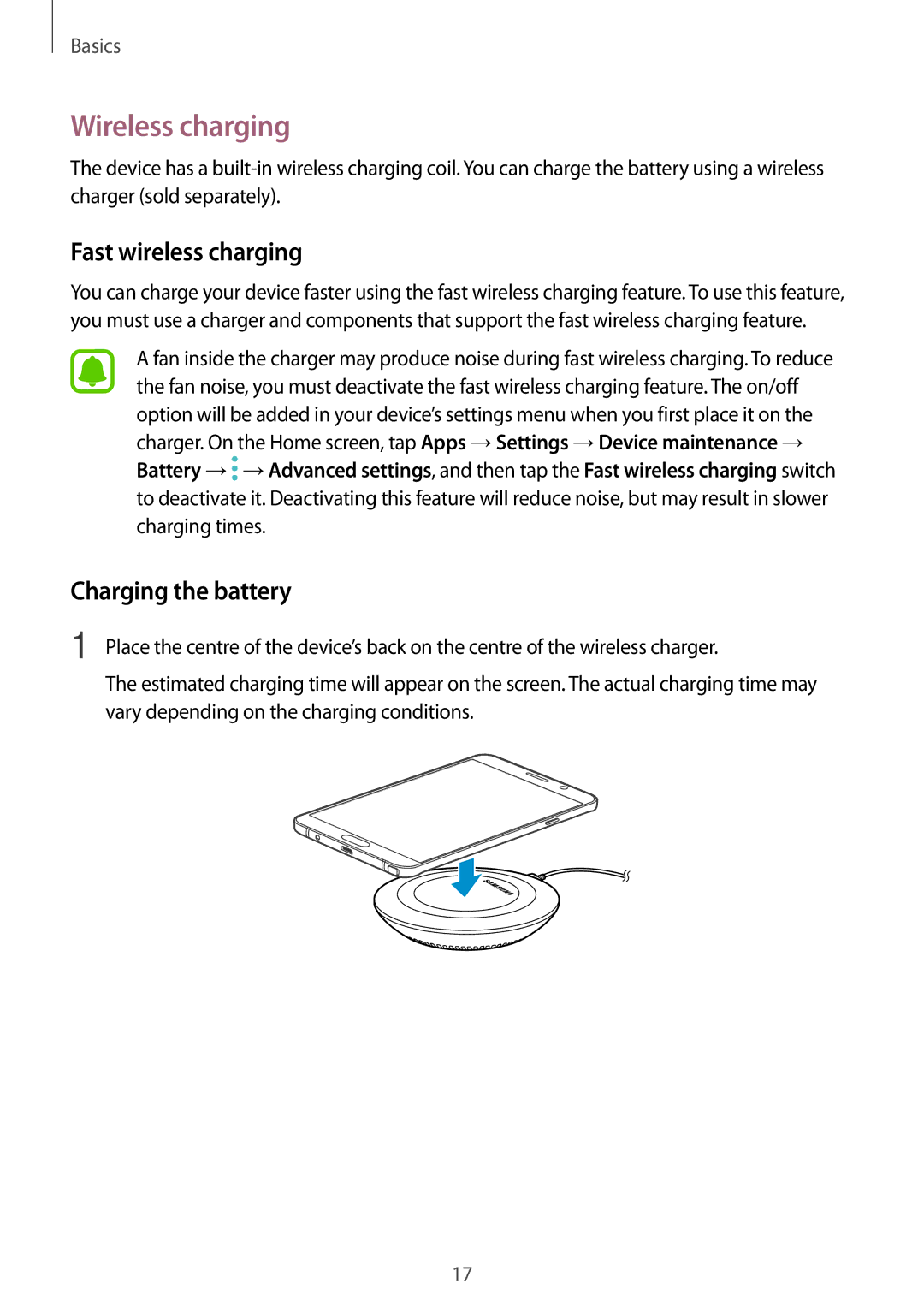 Samsung SM-N920CZDAKSA, SM-N920CZDUXSG, SM-N920CZKAKSA manual Wireless charging, Fast wireless charging, Charging the battery 