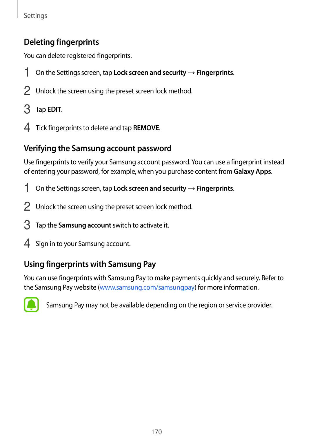 Samsung SM-N920CEDEKSA Deleting fingerprints, Verifying the Samsung account password, Using fingerprints with Samsung Pay 