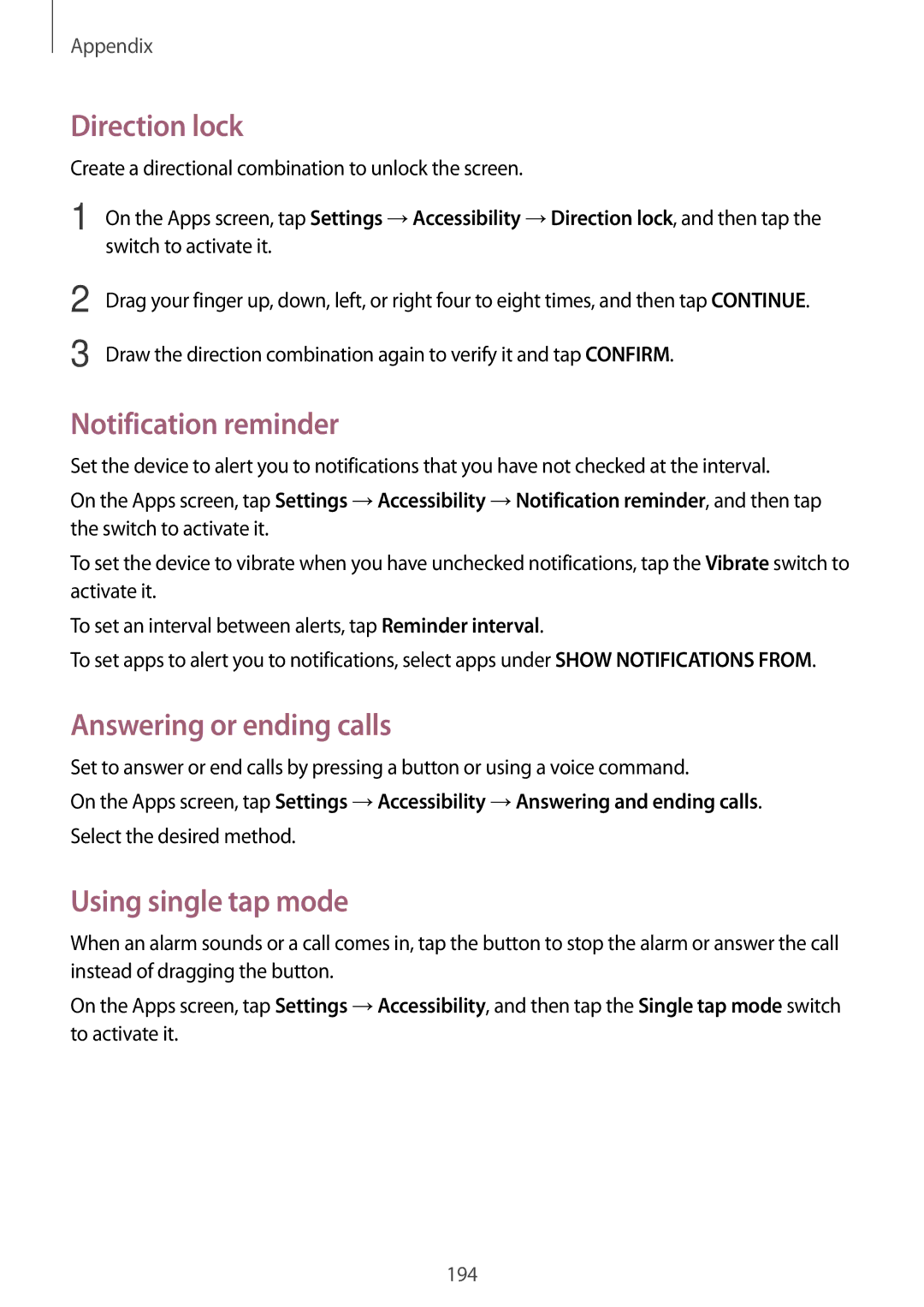 Samsung SM-N920CZWAXXV manual Direction lock, Notification reminder, Answering or ending calls, Using single tap mode 