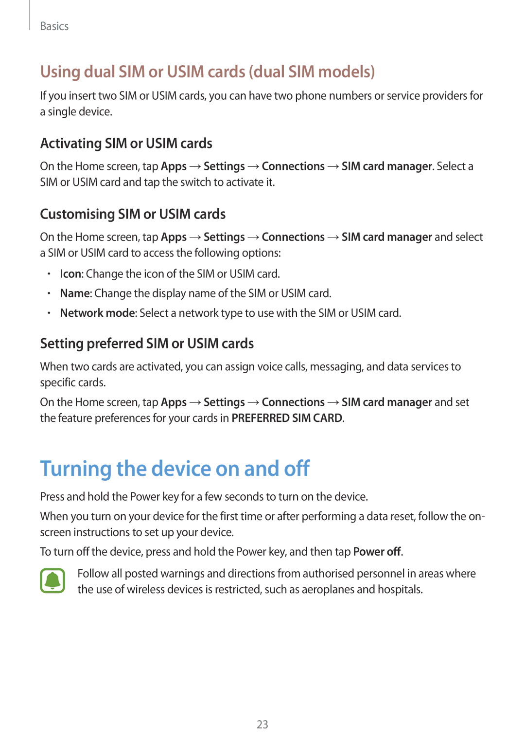 Samsung SM-N920CEDEKSA, SM-N920CZDUXSG manual Turning the device on and off, Using dual SIM or Usim cards dual SIM models 